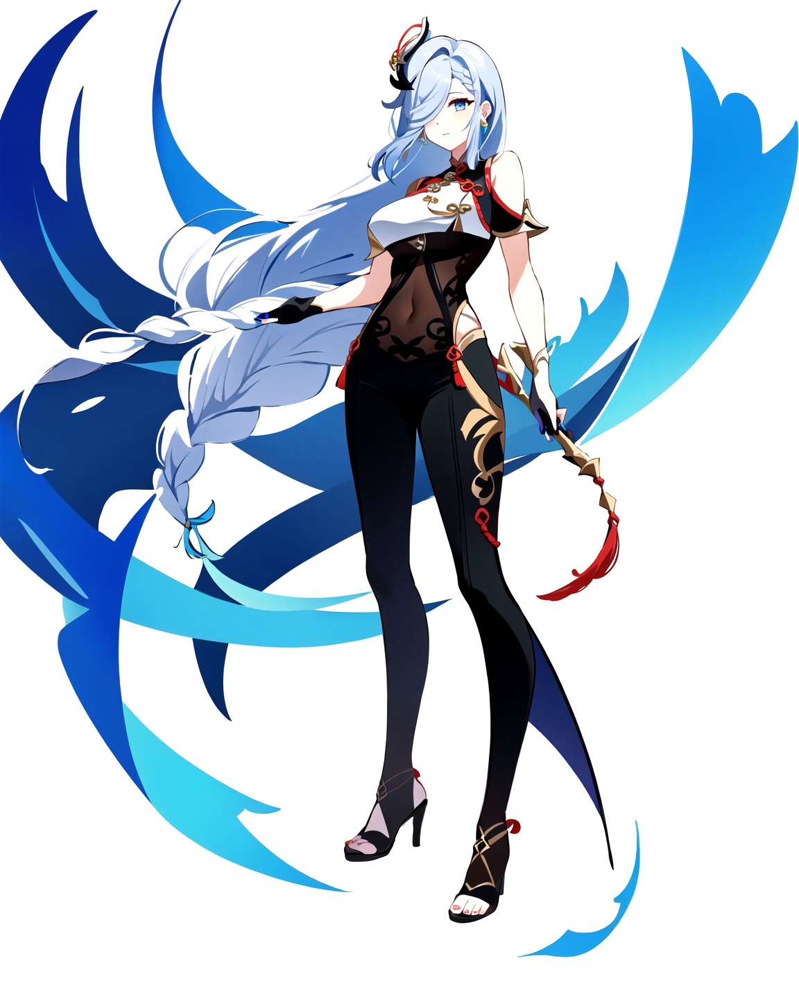 <lora:原神申鹤220B_v30:1>,shenhe,genshin impact,1girl,shenhe \(genshin impact\),breasts,solo,long hair,hair over one eye,toenails,toenail polish,full body,toes,large breasts,blue eyes,high heels,white background,bodysuit,looking at viewer,gloves,simple background,nail polish,covered navel,toeless footwear,braid,braided ponytail,weapon,bare shoulders,blue nails,standing,bangs,feet,very long hair,legs,hip vent,black bodysuit,