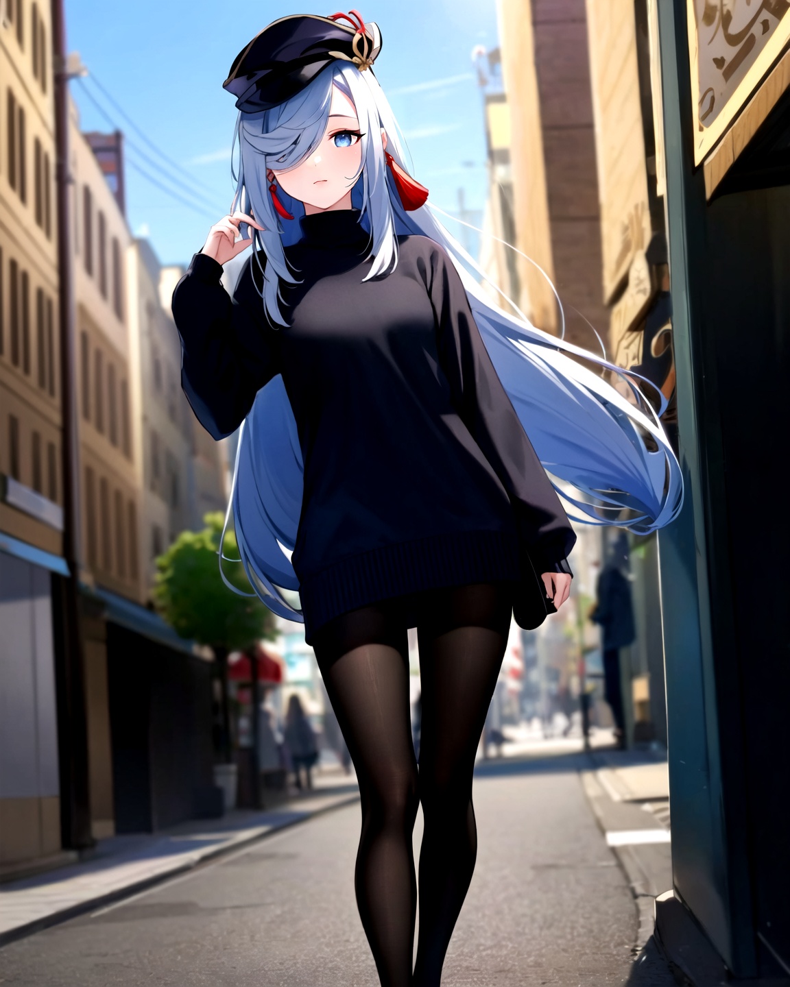 <lora:原神申鹤220B_v30:1>,shenhe,genshin impact,1Girl,solo,long hair,(headwear:1.3),blue eyes,looking at the audience,tassel earrings,hair covering one eye,bangs,virgin_killer_sweater+ black tights + Mary Jane shoes + Street + date,standing