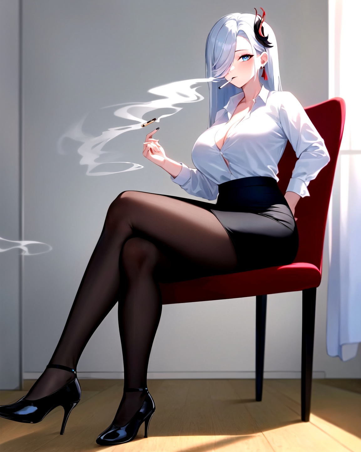 <lora:原神申鹤220B_v30:1>,shenhe, genshin impact, 1girl, office chair, office lady, breasts, shenhe \(genshin impact\), long hair, pantyhose, solo, crossed legs, smoke, cigarette, sitting, skirt, chair, button gap, large breasts, black skirt, holding cigarette, tassel earrings, blue eyes, holding, shirt, looking at viewer, earrings, pencil skirt, hair over one eye, hair ornament, black footwear, tassel, jewelry, alternate costume, collared shirt, long sleeves, high heels, on chair, black pantyhose, smoking, white shirt, very long hair, white hair, closed mouth, cleavage, makeup, contemporary, bangs, masterpiece, best quality