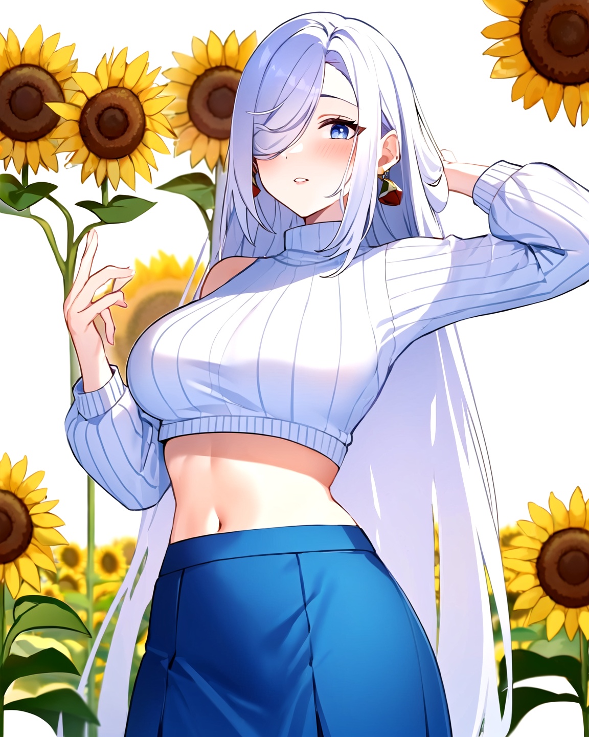 <lora:原神申鹤220B_v30:1>,(summer,Sunflower field:1.3),shenhe,genshin impact,1girl,solo,navel,long hair,shenhe \(genshin impact\),skirt,breasts,blue eyes,hair over one eye,looking at viewer,hair ornament,large breasts,white background,turtleneck,parted lips,jewelry,earrings,long sleeves,simple background,white hair,stomach,sweater,blue skirt,groin,midriff,crop top,blush,very long hair,turtleneck sweater,white sweater,tassel earrings,