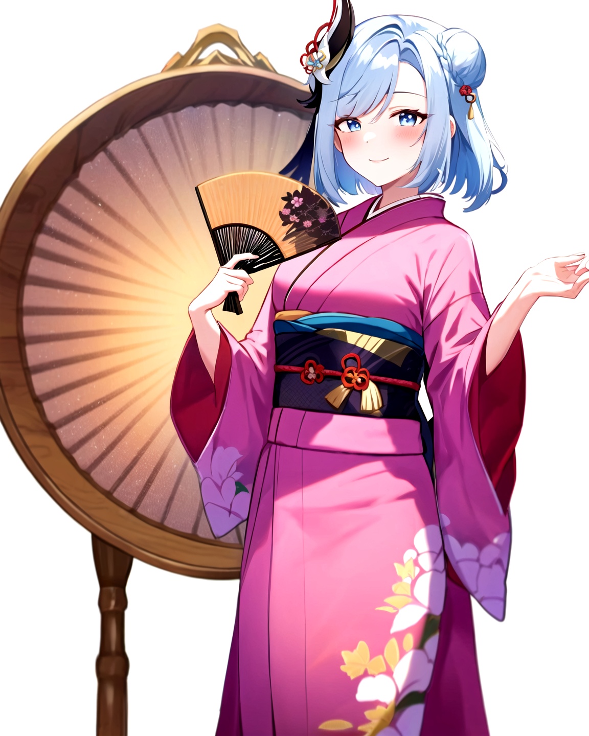 <lora:原神申鹤220B_v30:1>,shenhe,genshin impact,1girl,solo,kimono,japanese clothes,white background,hair ornament,hand fan,holding,flower,pink kimono,hair flower,floral print,smile,simple background,blue eyes,looking at viewer,bug,holding fan,sash,butterfly,blush,obi,closed mouth,hair bun,pink flower,single hair bun,bangs,long sleeves,, masterpiece, best quality