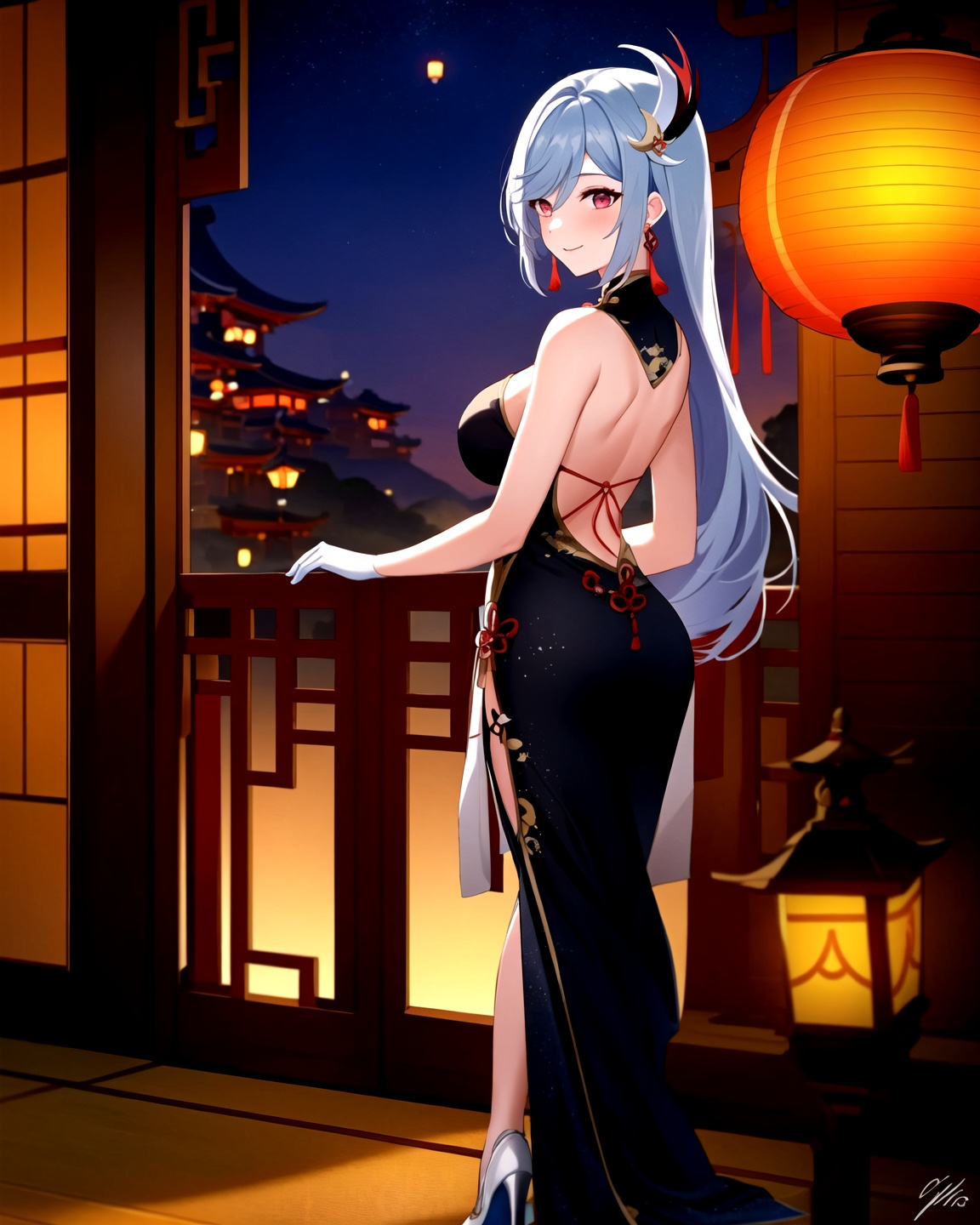 <lora:原神申鹤220B_v30:1>,shenhe, genshin impact, 1girl, high heels, dress, lantern, gloves, shenhe \(genshin impact\), holding, fireworks, solo, looking at viewer, black gloves, earrings, sky, china dress, hair ornament, chinese clothes, jewelry, white footwear, breasts, long hair, standing, night, architecture, signature, hand fan, paper lantern, looking back, holding fan, backless outfit, east asian architecture, bare shoulders, from behind, smile, masterpiece, best quality