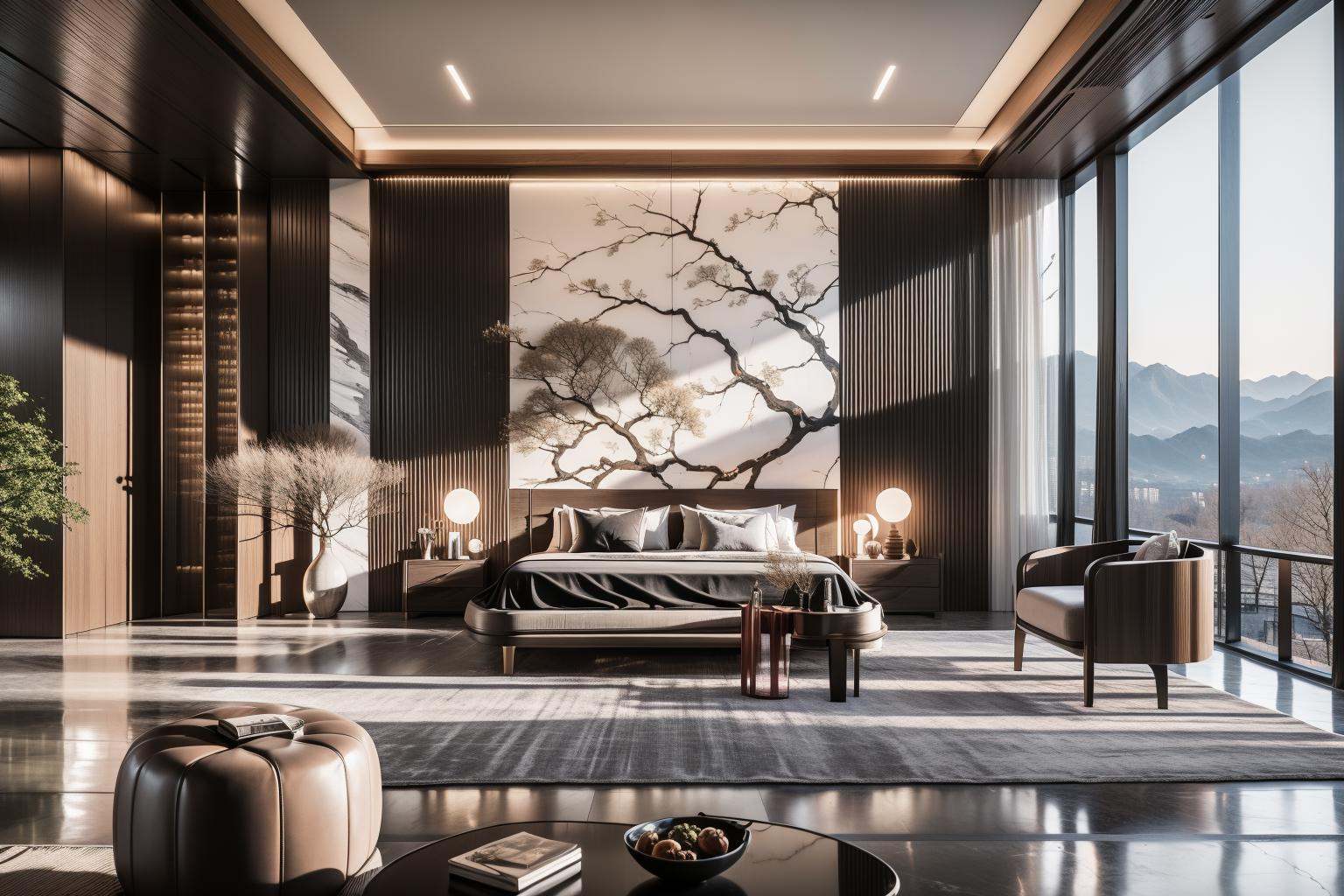 Lao Chen Jingdian, bed, scenery, no humans, tree, window, table, book,interior design, living room, masterpiece,best quality,unreal engine 5 rendering,movie light,movie lens,movie special effects,detailed details,HDR,UHD,8K,