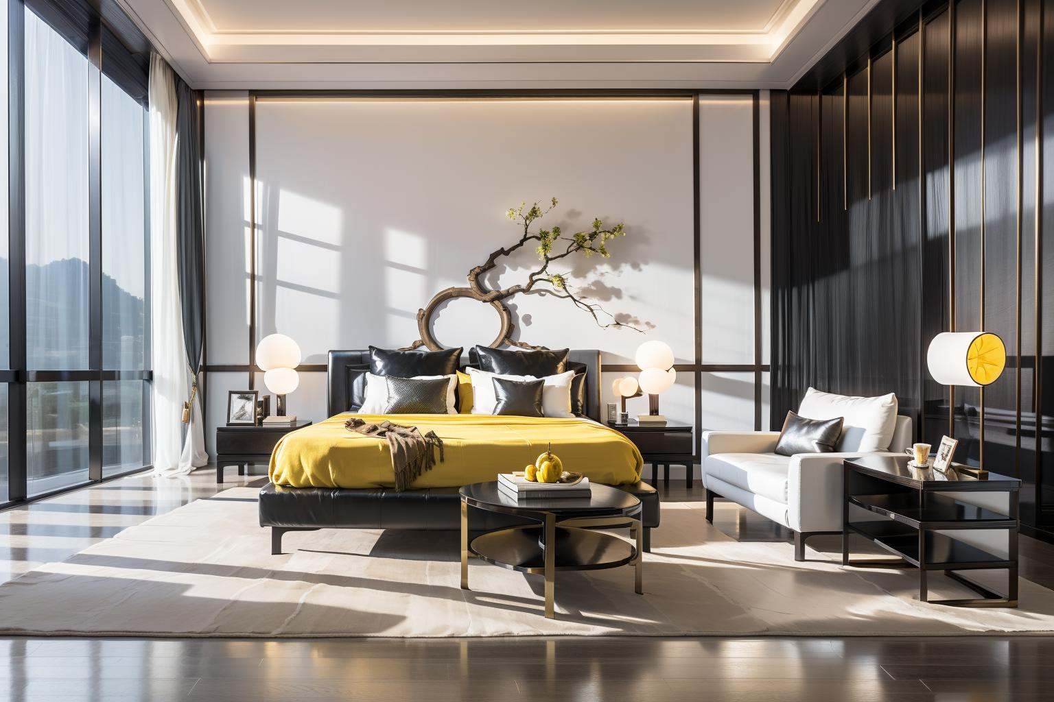 Lao Chen Jingdian, bed, scenery, no humans, tree, window, table, book,interior design, living room, masterpiece,best quality,unreal engine 5 rendering,movie light,movie lens,movie special effects,detailed details,HDR,UHD,8K,CG wallpaper,Modern Luxury Art Colors, Yellow Classic 
