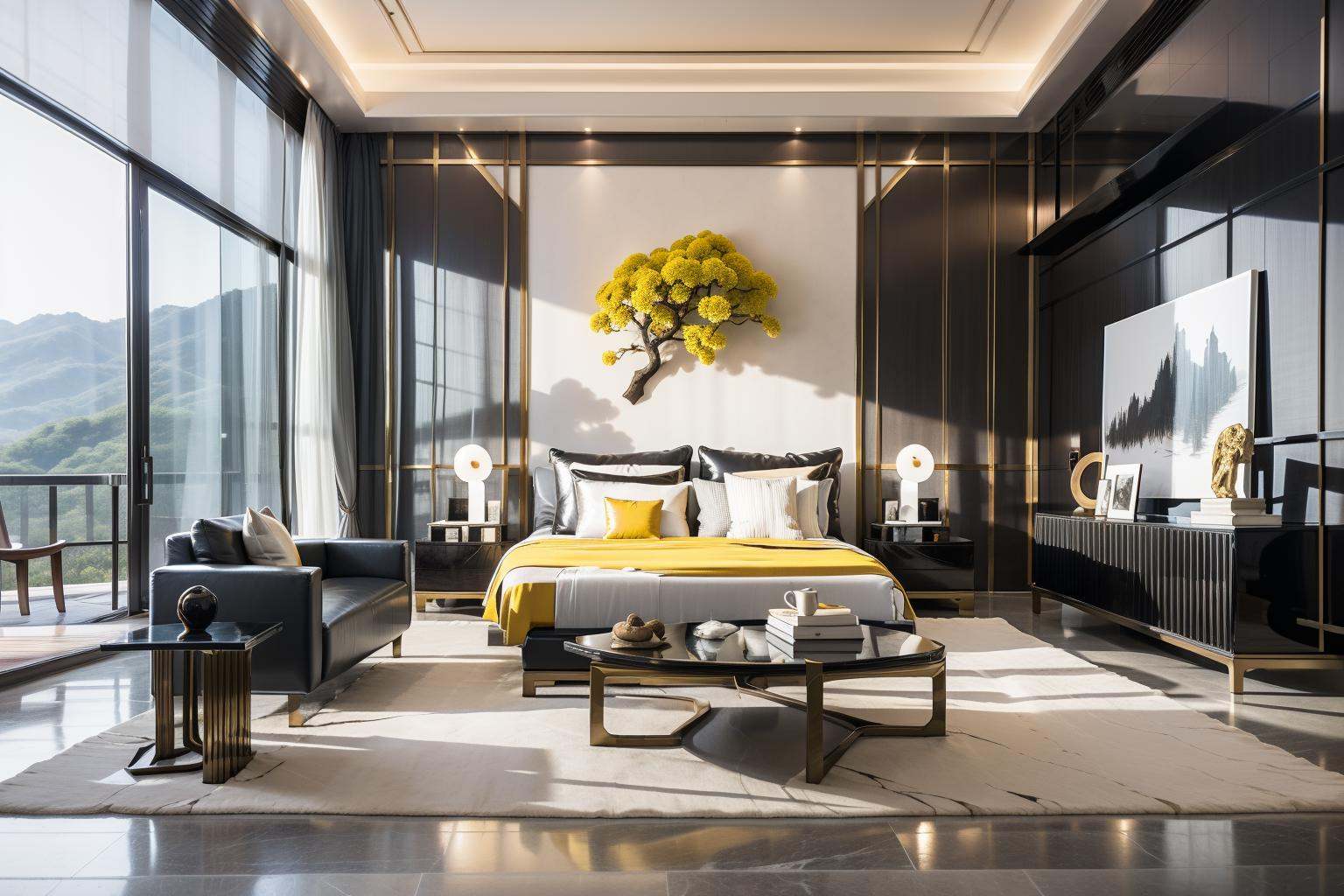 Lao Chen Jingdian, bed, scenery, no humans, tree, window, table, book,interior design, living room, masterpiece,best quality,unreal engine 5 rendering,movie light,movie lens,movie special effects,detailed details,HDR,UHD,8K,CG wallpaper,Modern Luxury Art Colors, Yellow Classic 