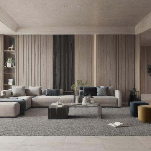 a living room with a couch, chair, coffee table and a rug on the floor and a window, muted colors, a 3D render, light and space,Dark style,Marble elements in the background