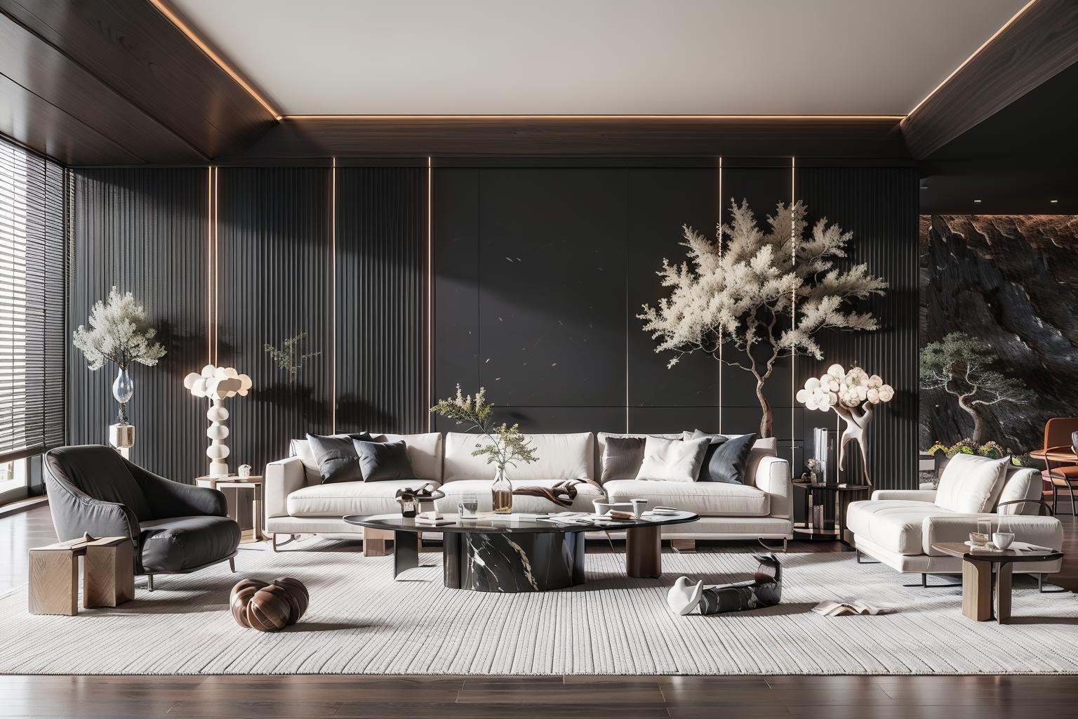 Lao Chen Jingdian, bed, scenery, no humans, tree, window, table, book,interior design, living room, masterpiece,best quality,unreal engine 5 rendering,movie light,movie lens,movie special effects,detailed details,HDR,UHD,8K,CG wallpaper