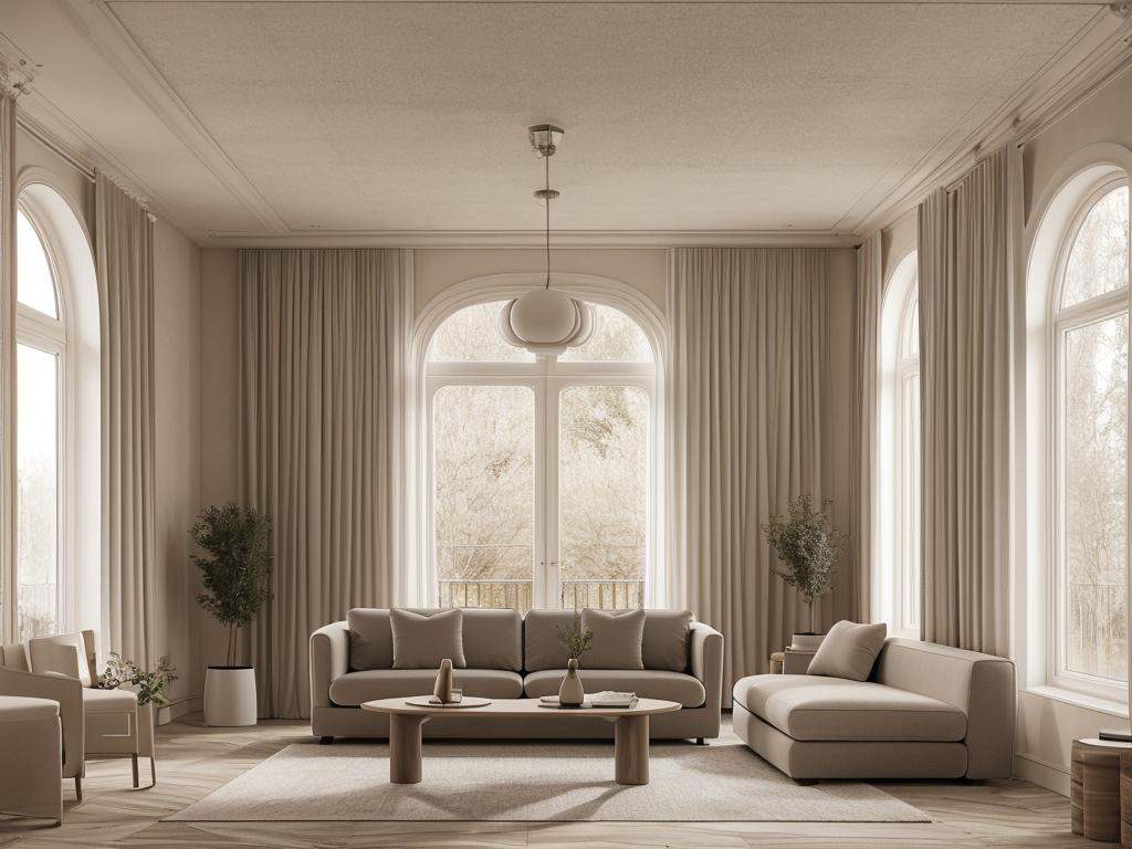 Photos of interior, sofa, window, ceiling, curtain, best quality, masterpiece, high quality, real, realistic, super detailed, full detail, 8K,Lao Chen, modern beige, indoor