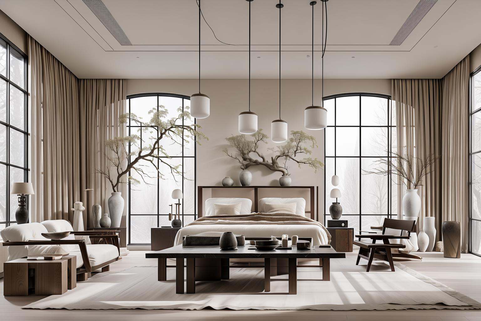 Lao Chen Jingdian, bed, scenery, no humans, tree, window, table, book,interior design, living room, masterpiece,best quality,unreal engine 5 rendering,movie light,movie lens,movie special effects,detailed details,HDR,UHD,8K,CG wallpaper