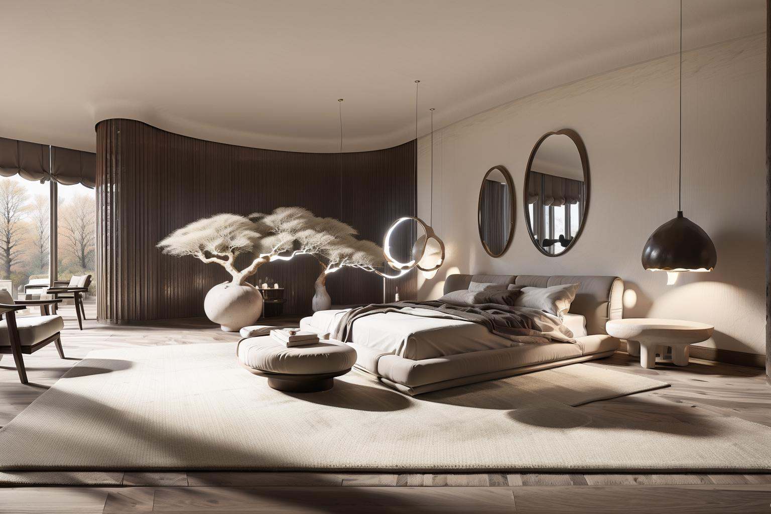 Lao Chen Jingdian, bed, scenery, no humans, tree, window, table, book,interior design, living room, masterpiece,best quality,unreal engine 5 rendering,movie light,movie lens,movie special effects,detailed details,HDR,UHD,8K,CG wallpaper
