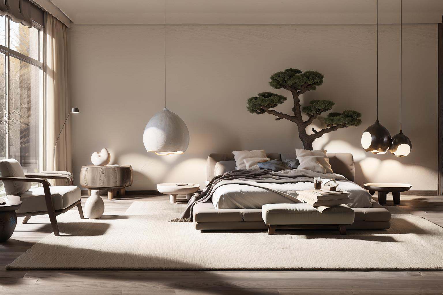 Lao Chen Jingdian, bed, scenery, no humans, tree, window, table, book,interior design, living room, masterpiece,best quality,unreal engine 5 rendering,movie light,movie lens,movie special effects,detailed details,HDR,UHD,8K,CG wallpaper