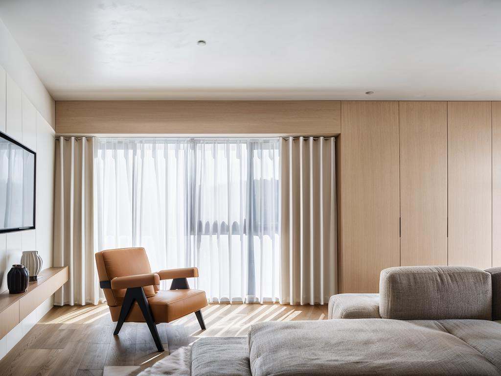 Photos of interior, sofa, window, ceiling, curtain, best quality, masterpiece, high quality, real, realistic, super detailed, full detail, 8K,Lao Chen, modern beige, indoor