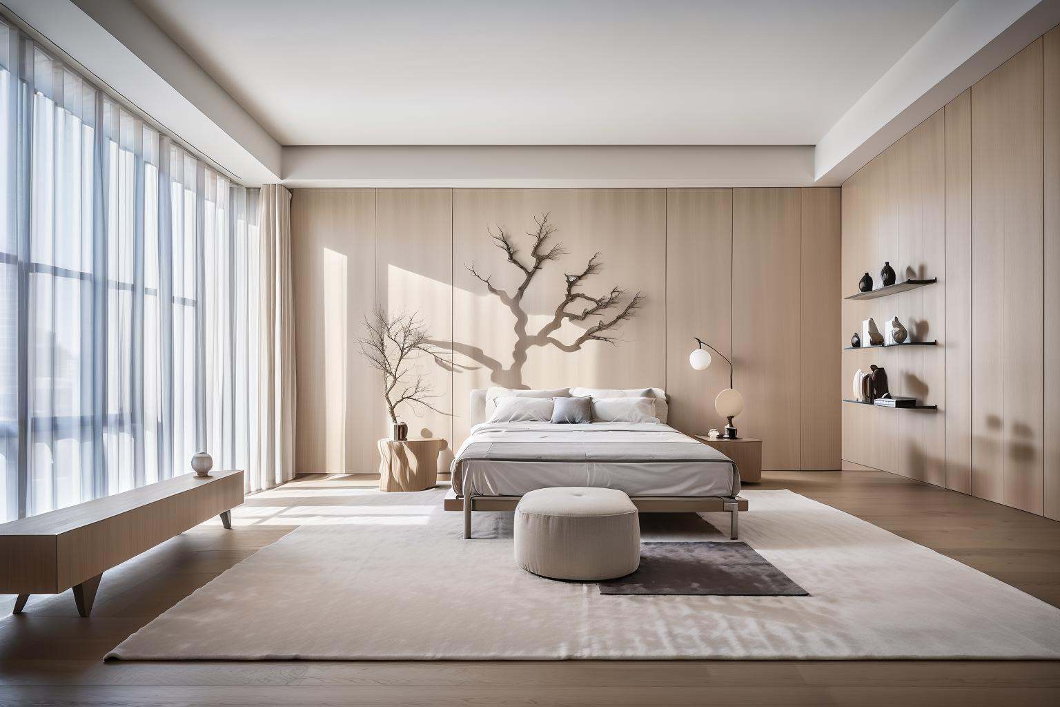 Lao Chen Jingdian, bed, scenery, no humans, tree, window, table, book,interior design, living room, masterpiece,best quality,unreal engine 5 rendering,movie light,movie lens,movie special effects,detailed details,HDR,UHD,8K,CG wallpaper