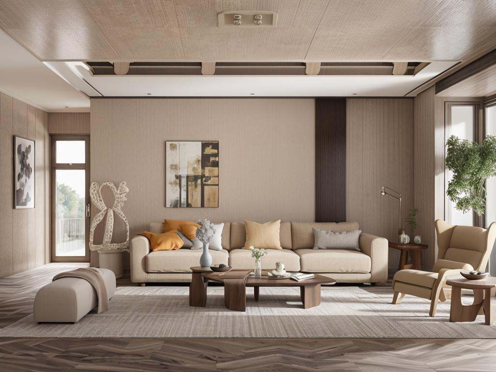Lao Chen, modern beige, Photos of interior, sofa, window, ceiling, curtain, best quality, masterpiece, high quality, real, realistic, super detailed, full detail, 8K,