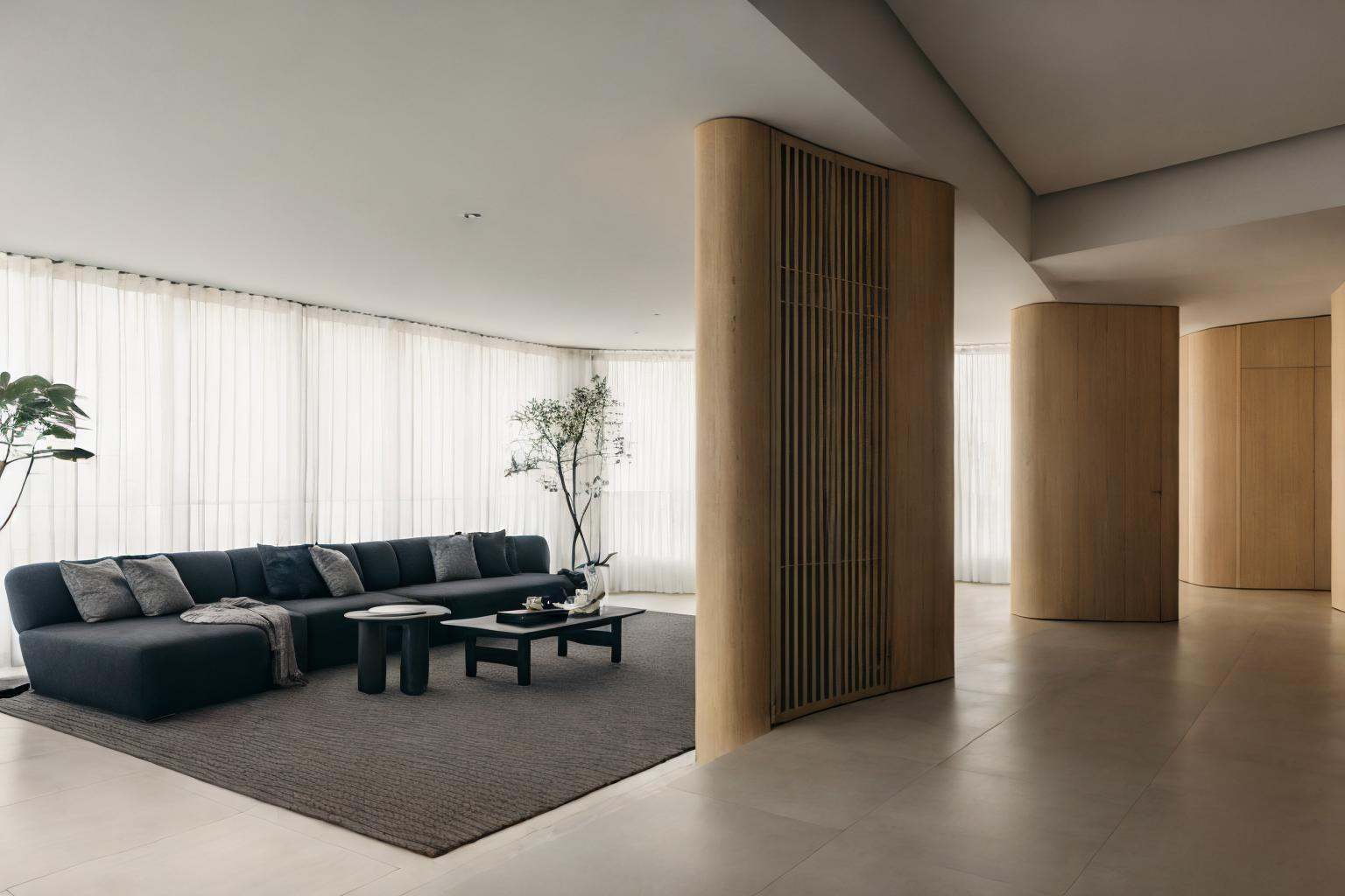 Lao Chen, indoor, yellow wood grain, no humans, couch, indoors, scenery, table, window, curtains, plant, still life, wooden floor, carpet