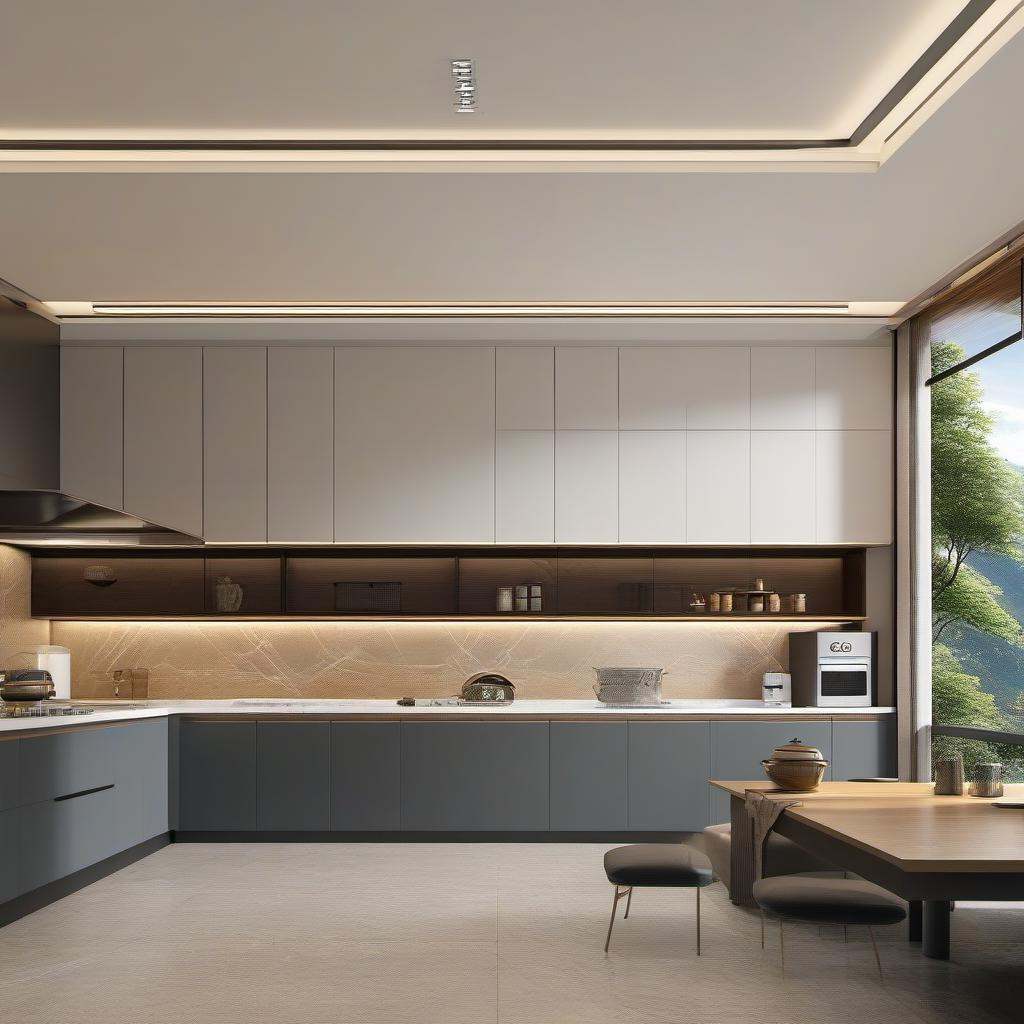 kitchen, Lao chen, no humans, scenery, sink, indoors, stove, tiles, ceiling light, tile wall, bottle, HD,Lao Chen Jingdian,tree, window, table, book,interior design, living room, masterpiece,best quality,unreal engine 5 rendering,movie light,movie lens,movie special effects,detailed details,HDR,UHD,8K,CG wallpaper