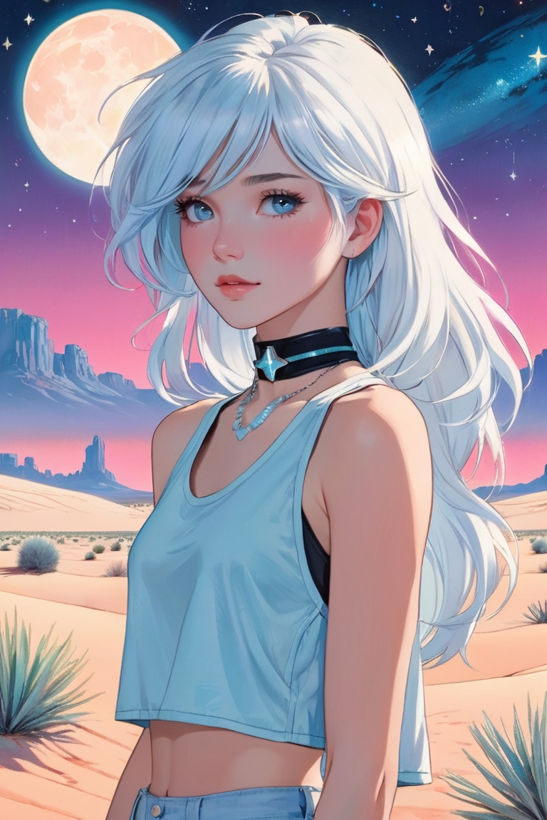 Wide drawing of a girl with pearly white hair, gazing forward, amidst a scene of a vast desert with oases that sparkle under the stars, girl as the central focus, She should have long, light blue hair and wear a **** top and cropped pants, Additionally, she should be wearing a choker as an accessory, The background should complement the character's beauty and style, (Schizowave), , perhaps with a serene and dreamy landscape, soft pastel colors, and subtle lighting to enhance the overall aesthetic