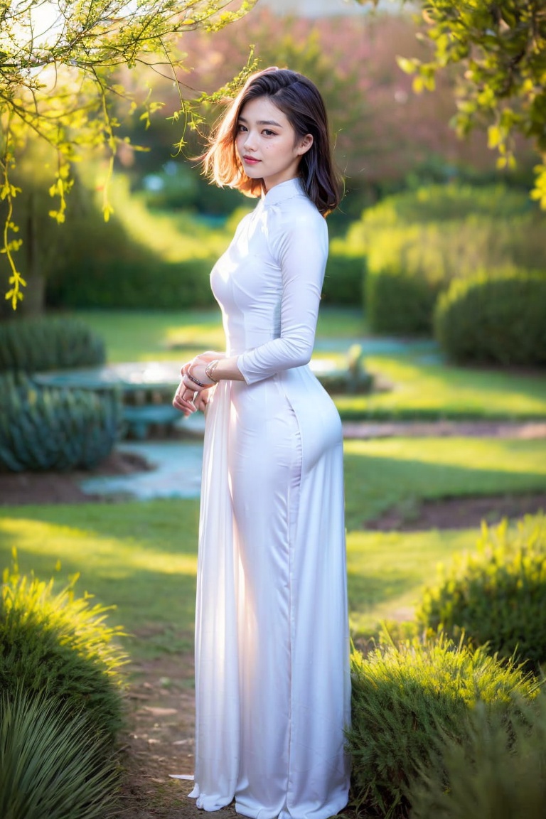beautyful girl in white ao dai,  beauty euroasia face,  standing outdoors amidst ethereal lighting. She is wearing a long...