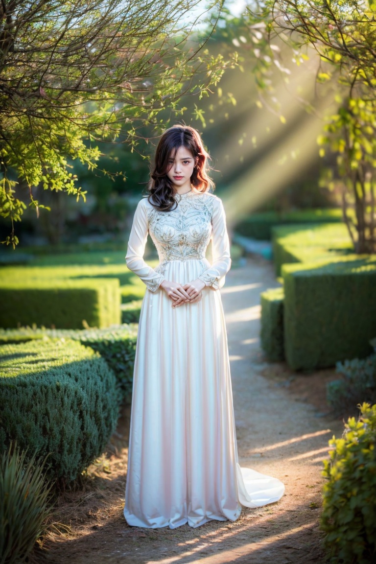 The image depicts a person in a white dress with their face obscured,  standing outdoors amidst ethereal lighting. The per...