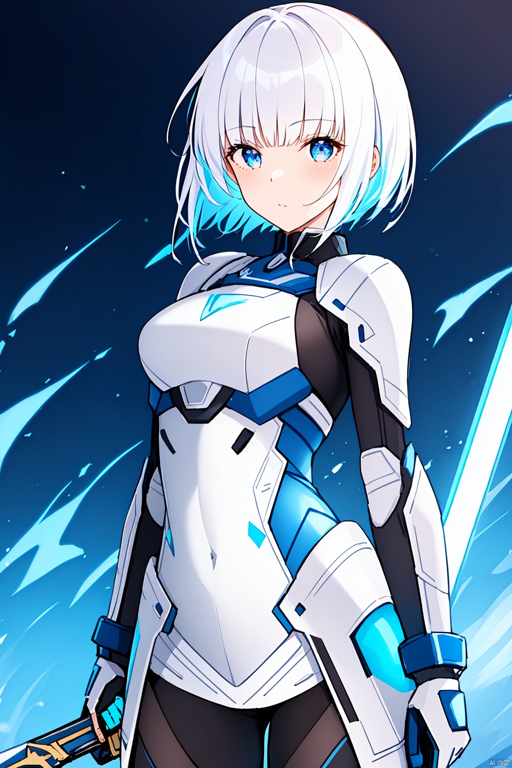 1girl, solo, looking at viewer, short hair, bangs, blue eyes, holding, closed mouth, standing, full body, weapon, white hair, multicolored hair, sword, holding weapon, armor, bodysuit, holding sword, walking, science fiction, dual wielding, arms at sides, white bodysuit, energy sword