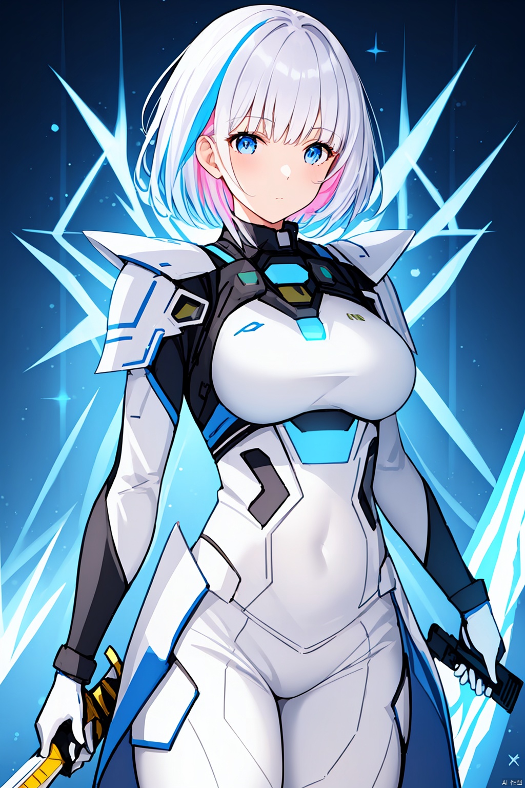  1girl, solo, looking at viewer, short hair, bangs, blue eyes, holding, closed mouth, standing, full body, weapon, white hair, multicolored hair, sword, holding weapon, armor, bodysuit, holding sword, walking, science fiction, dual wielding, arms at sides, white bodysuit, energy sword