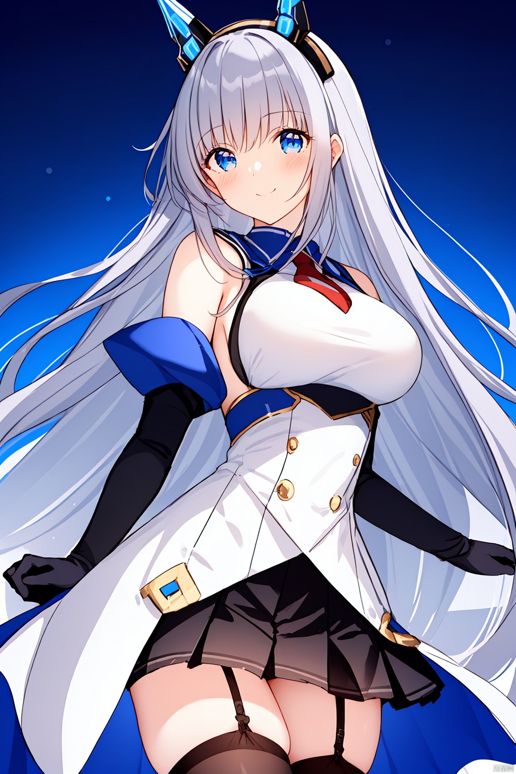 1girl, solo, long hair, breasts, looking at viewer, blush, smile, bangs, blue eyes, simple background, thighhighs, gloves, white background, dress, bare shoulders, medium breasts, very long hair, closed mouth, standing, grey hair, detached sleeves, black gloves, black thighhighs, white dress, headgear, garter straps, own hands together, mecha musume