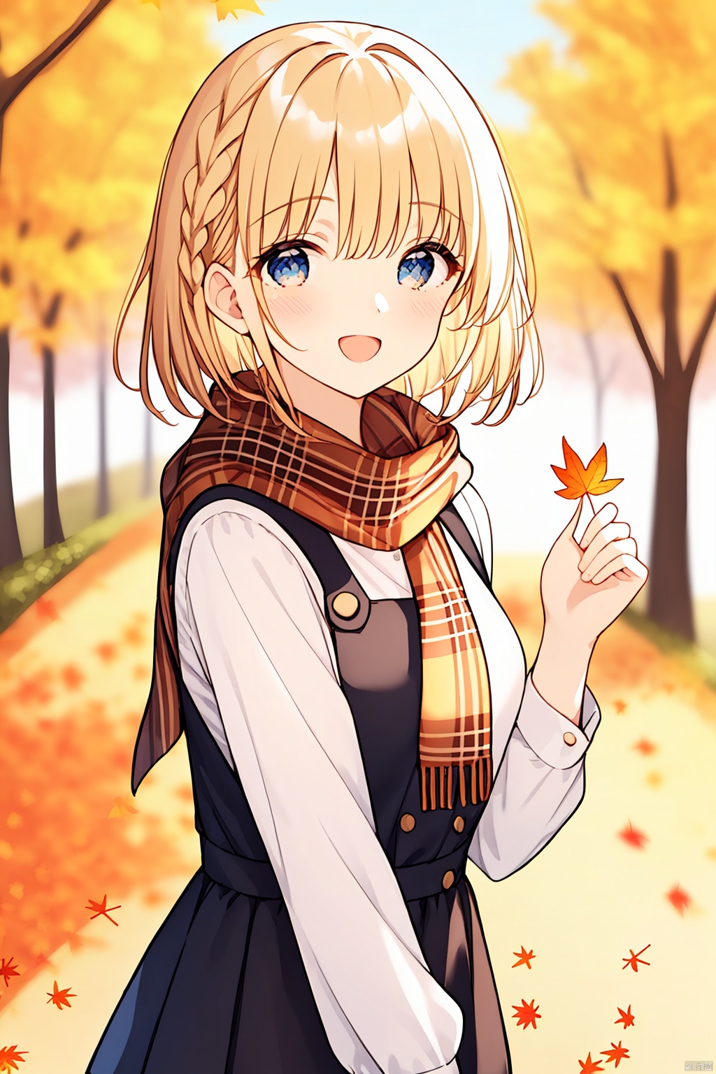  1girl, solo, looking at viewer, blush, smile, short hair, open mouth, bangs, blue eyes, blonde hair, shirt, long sleeves, dress, ribbon, holding, hair ribbon, white shirt, braid, :d, outdoors, teeth, sleeveless, scarf, blurry, plaid, black ribbon, sleeveless dress, blurry background, leaf, upper teeth only, pinafore dress, autumn leaves, maple leaf, plaid scarf, autumn, brown scarf, holding leaf, masterpiece