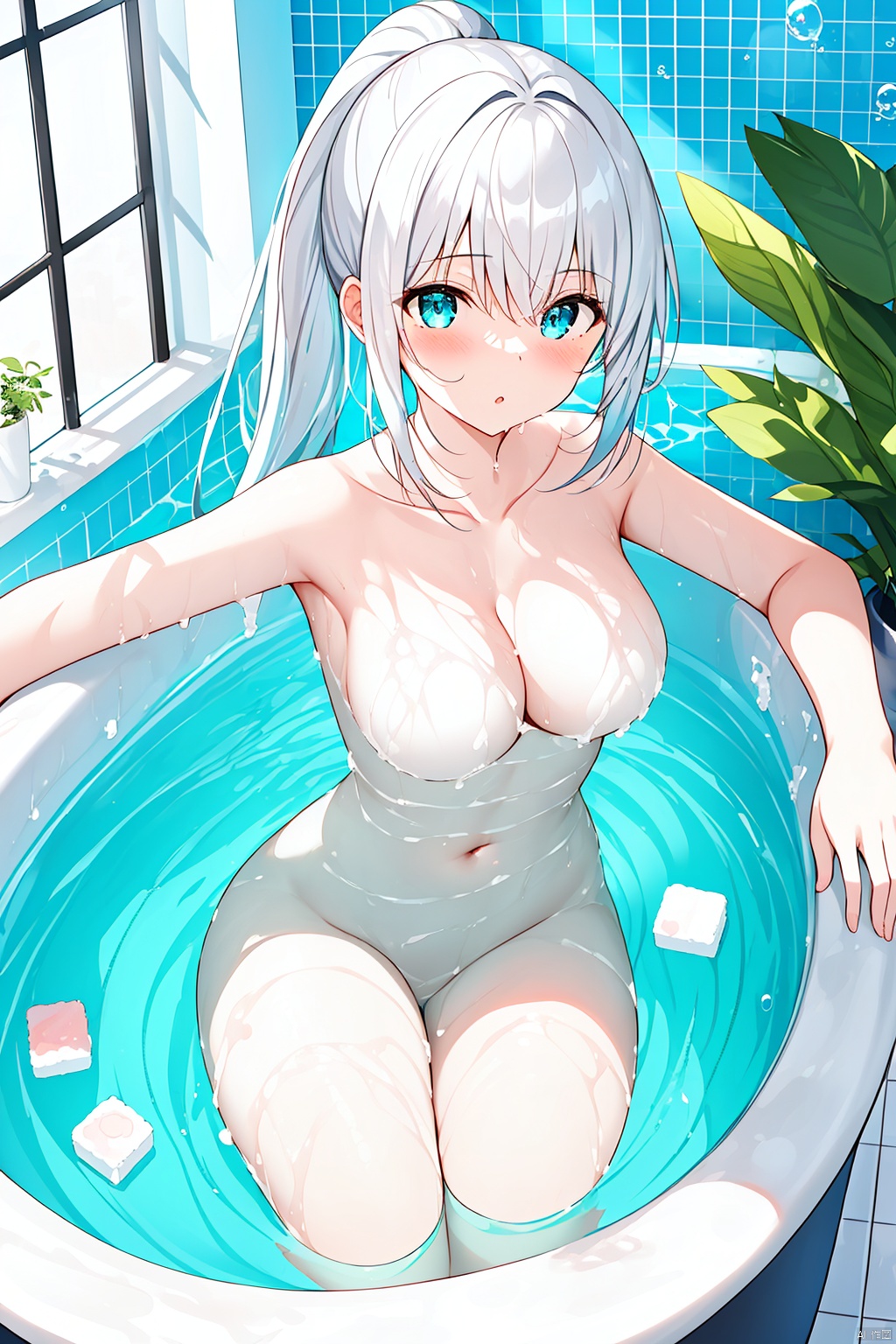  1girl, solo, long hair, breasts, looking at viewer, blush, bangs, blue eyes, cleavage, medium breasts, collarbone, ponytail, white hair, sidelocks, nude, parted lips, indoors, water, aqua eyes, wet, completely nude, window, bottle, outstretched arms, plant, partially submerged, bubble, tiles, potted plant, bathing, bath, bathroom, bathtub, soap bubbles, soap bottle