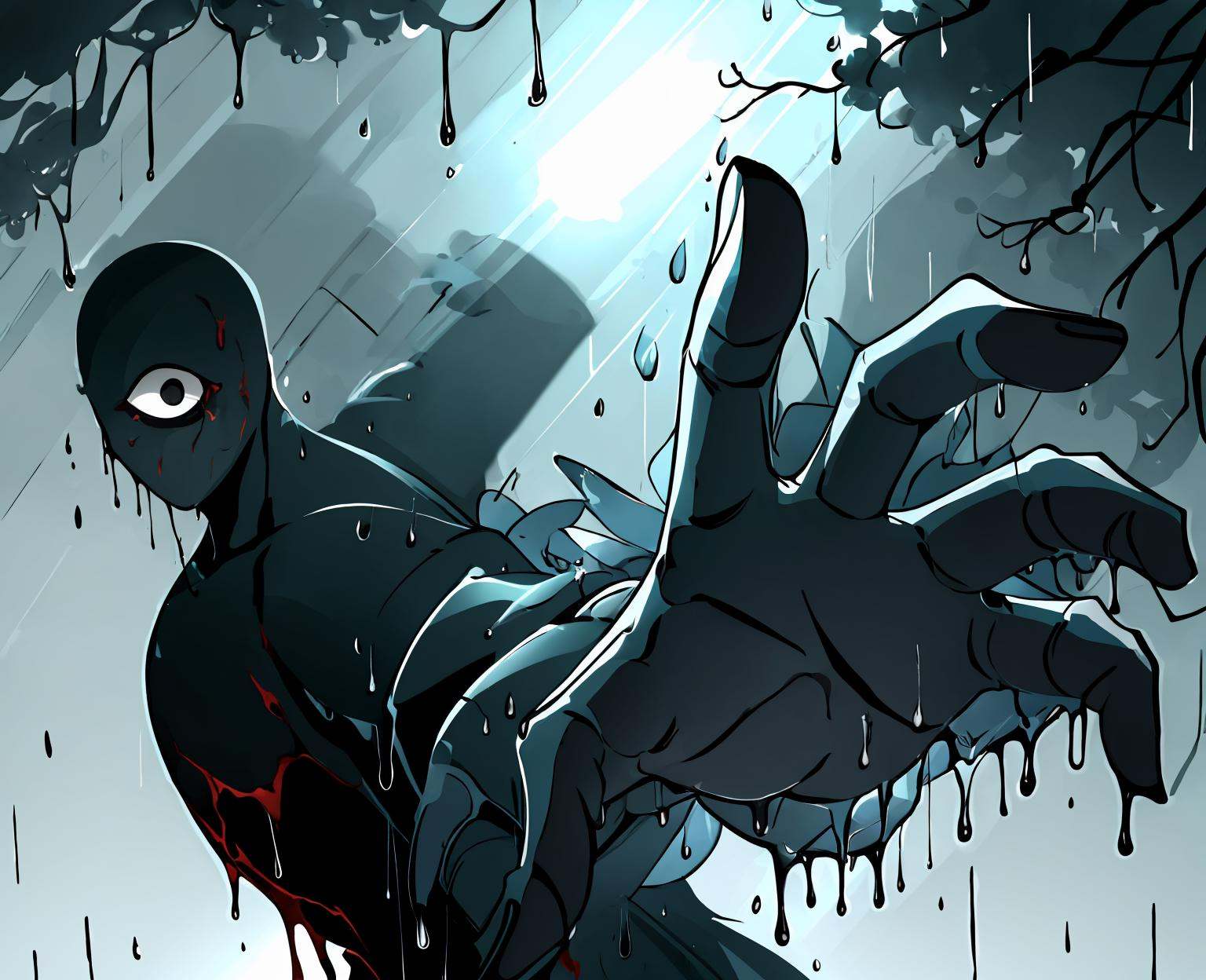 dynamic pose, directional blur, PepePunchMeme, horror theme, seek, no humans, monster, no mouth, darkness, black eyes, silhouette, dripping, point, solo, rain, upper body, <lora:seek-09:1> <lora:PepePunchMeme:1> 