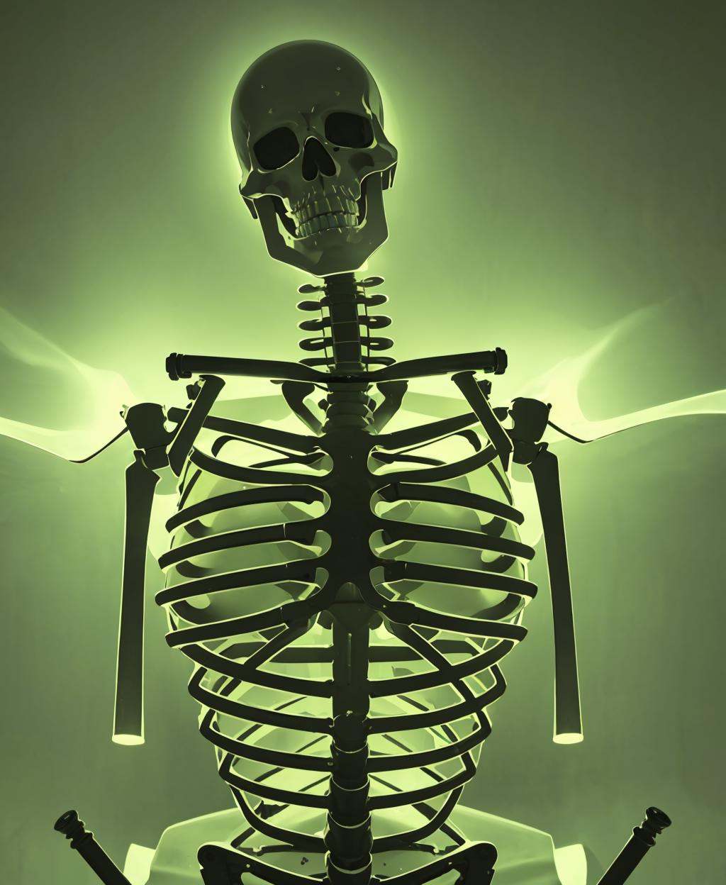 (green theme), ((glowing)), solo, simple background, no humans, robot, skeleton, <lora:Green-Nostalgia:1>, (masterpiece, best quality, detailed:1.3), (realistic:1.3)