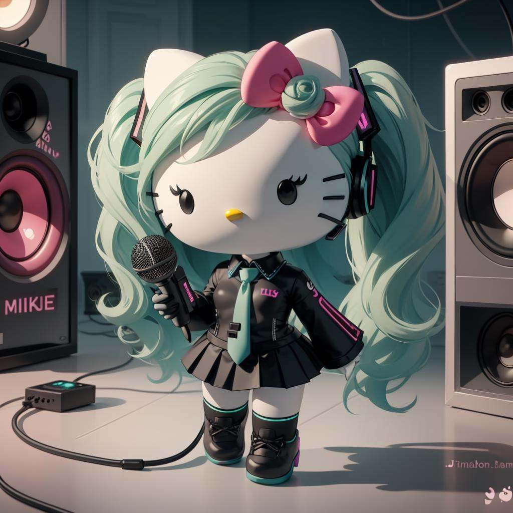 hello_kitty, 1girl, hatsune miku, long hair, looking at viewer, open mouth, skirt, shirt, hair ornament, thighhighs, bow, twintails, very long hair, standing, flower, hair bow, heart, pleated skirt, detached sleeves, necktie, black skirt, chibi, headphones, pink bow, microphone, headset, cable, microphone stand, speaker, <lora:hello_kitty-09:1>
