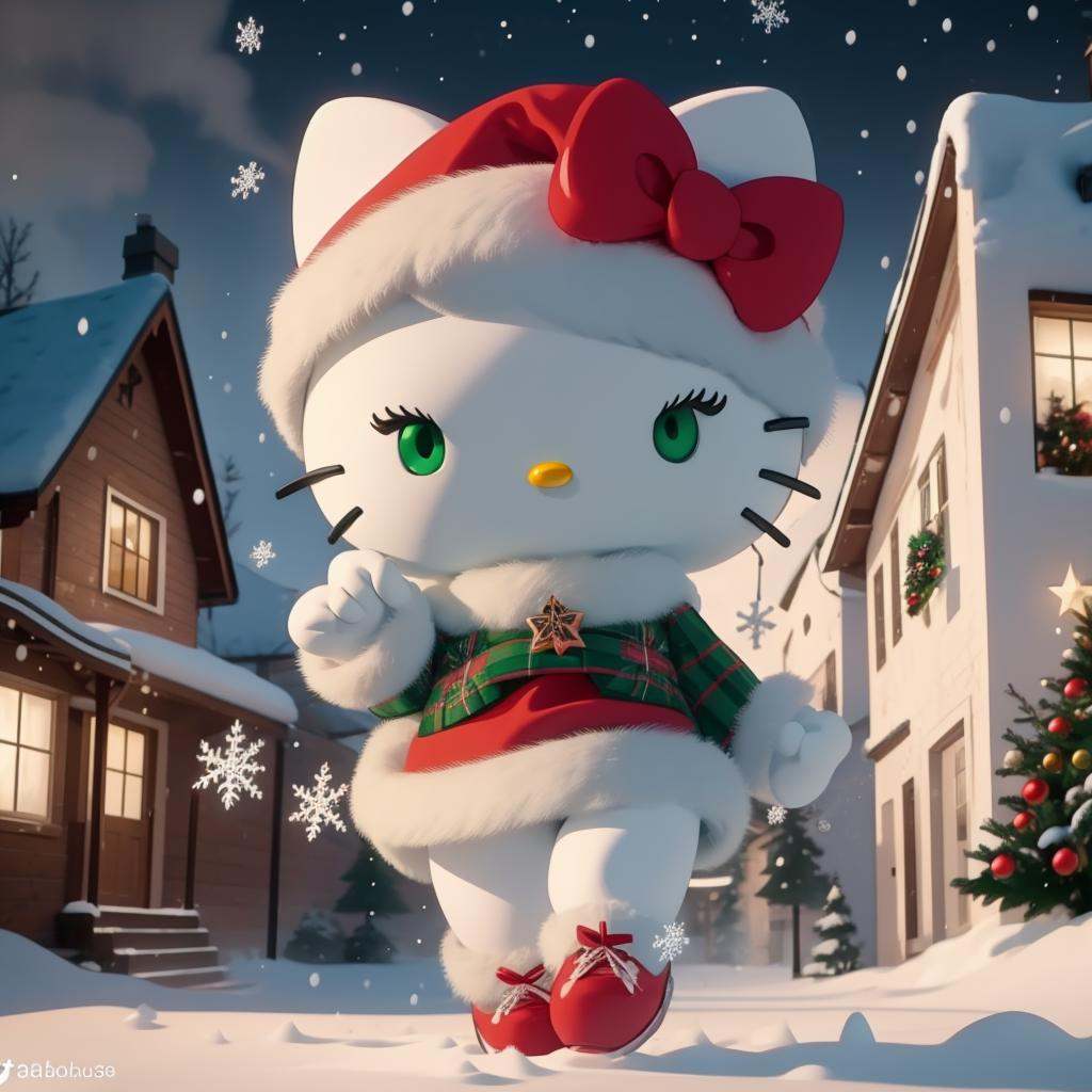 hello_kitty, 1girl, red hair, green eyes, black-framed eyewear, long sleeves, christmas, santa hat, christmas tree, snow, snowing, whiskers, tail, full body, looking at viewer, solo,<lora:hello_kitty-09:1>
