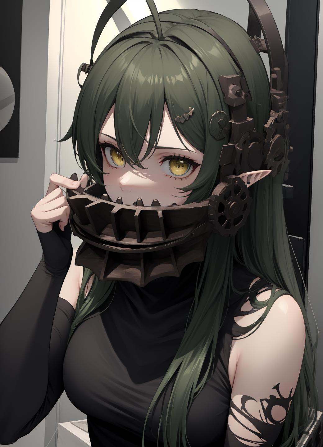 reverse_bear_trap, gavial, 1girl, green hair, yellow eyesn pointy ears, torn clothes, upper body, <lora:reverse_bear_trap-09:0.8>, <lora:LowRA:0.3>, <lora:Gavial-04:1>