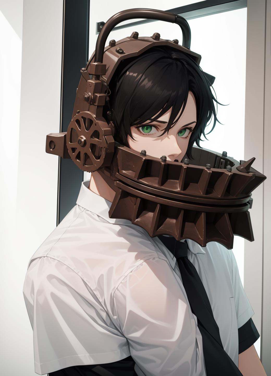 reverse_bear_trap, 1boy, black hair, green eyes, grey clothes, upper body, <lora:reverse_bear_trap-09:0.8>