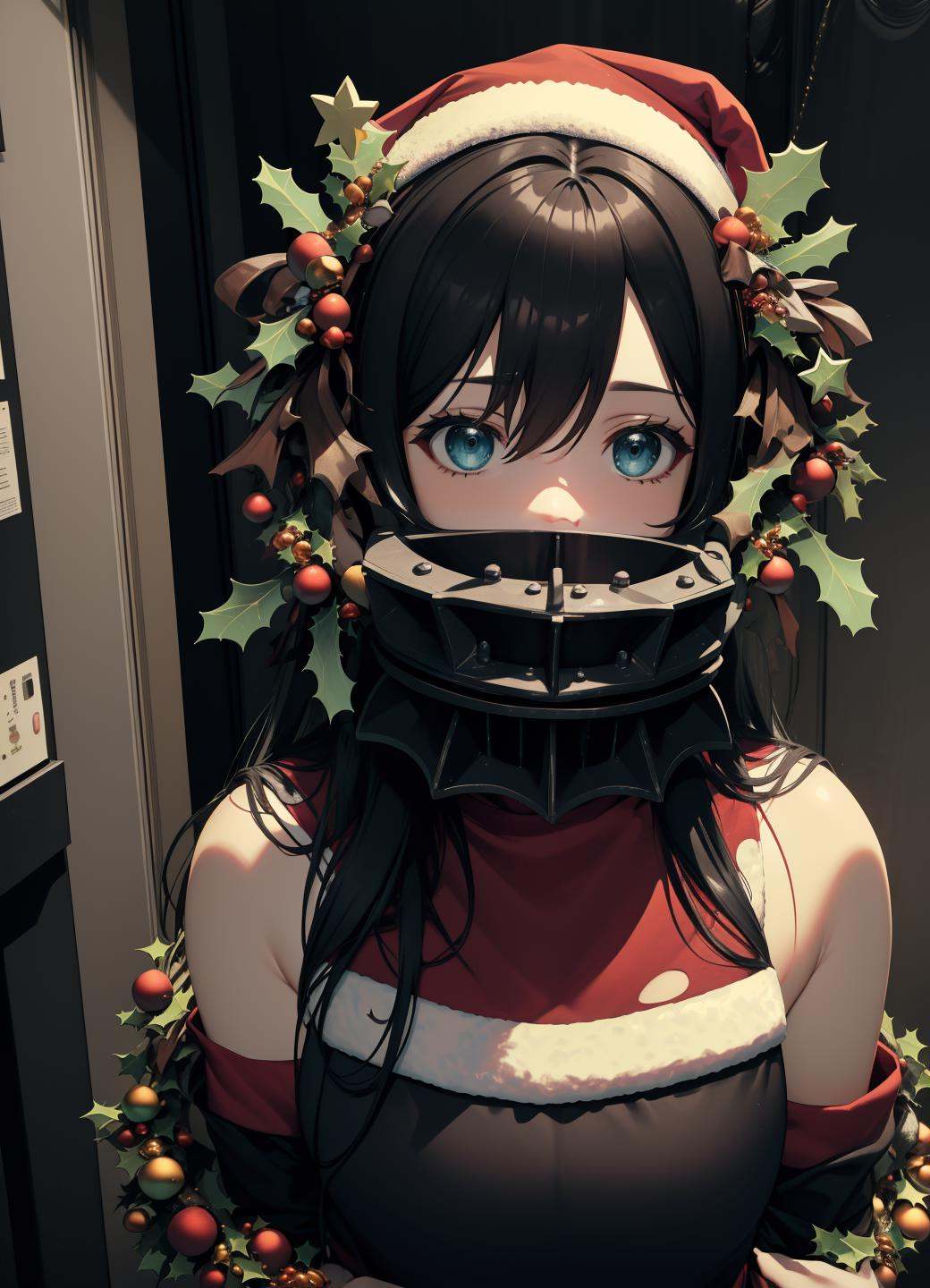 dark theme, reverse_bear_trap, hatsune miku, (Christmas wreaths: 1.33), (christmas light: 1.33), 1girl, torn clothes, upper body, <lora:reverse_bear_trap-09:0.8>, <lora:LowRA:0.3>, <lora:Pipe:0.8>