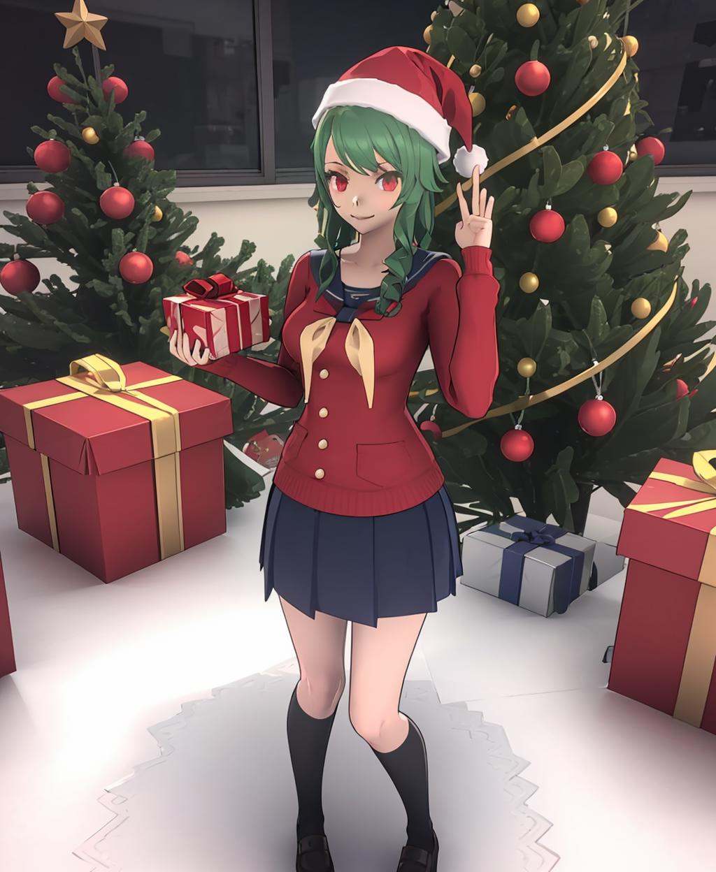 yandere_style, 3D Rendering, 1girl, green hair, red eyes, christmas, santa hat, christmas tree, smile, looking at viewer, gift, solo, <lora:yandere_style-10:1>