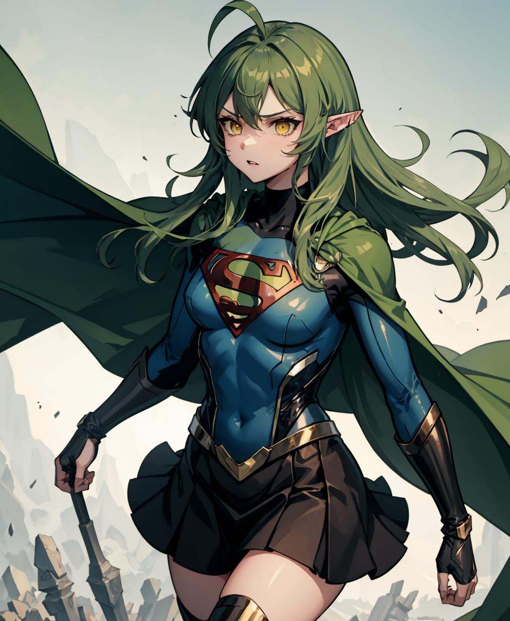 gavial, superman_oc, 1girl, green hair, yellow eyes, pointy ears,  medium breasts, miniskirt, black skirt, looking to the side, green cape, solo, <lora:superman_oc-09:0.8>,  <lora:Gavial-04:1> 