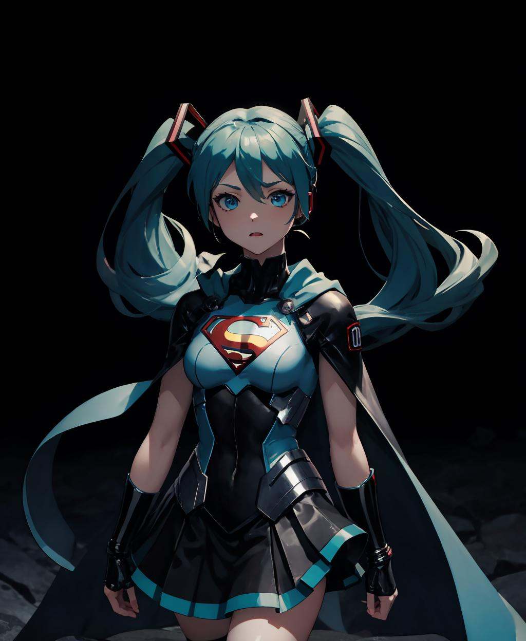 dark theme, hatsune miku, superman_oc, 1girl, blue hair, blue eyes,  medium breasts, miniskirt, blue skirt, looking to the side, blue cape, solo, <lora:superman_oc-09:0.8>,  <lora:LowRA:0.8> 