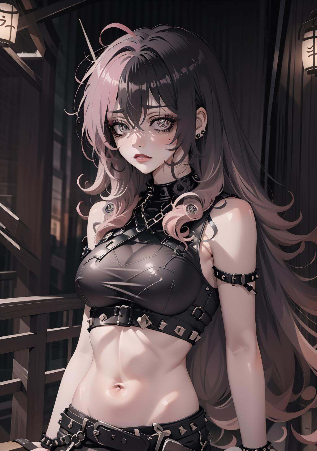 nana, yukimuro, 1girl, pink hair, black eyes, makeup, eye liner, upper body, looking at viewer, solo, <lora:nana-10:1>, <lora:Yukimuro-02:1>, studded bracelet, black wide-leg pants, and black **** top