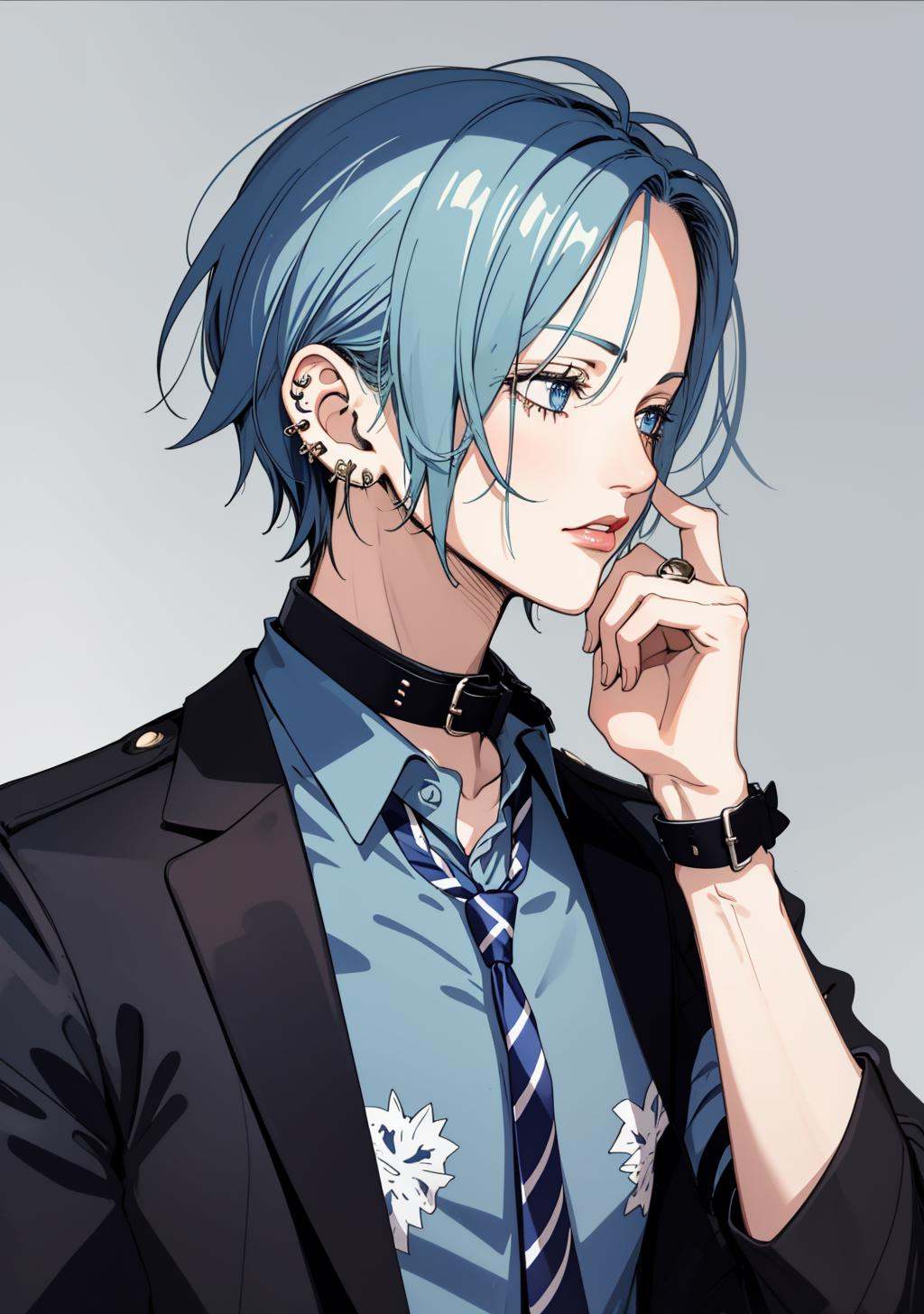 nana, shirt, 1boy, light blue hair, blue eyes, male focus, earrings, necktie, jewelry, collar, ring, ear piercing, striped necktie, upper body, <lora:nana-10:1>