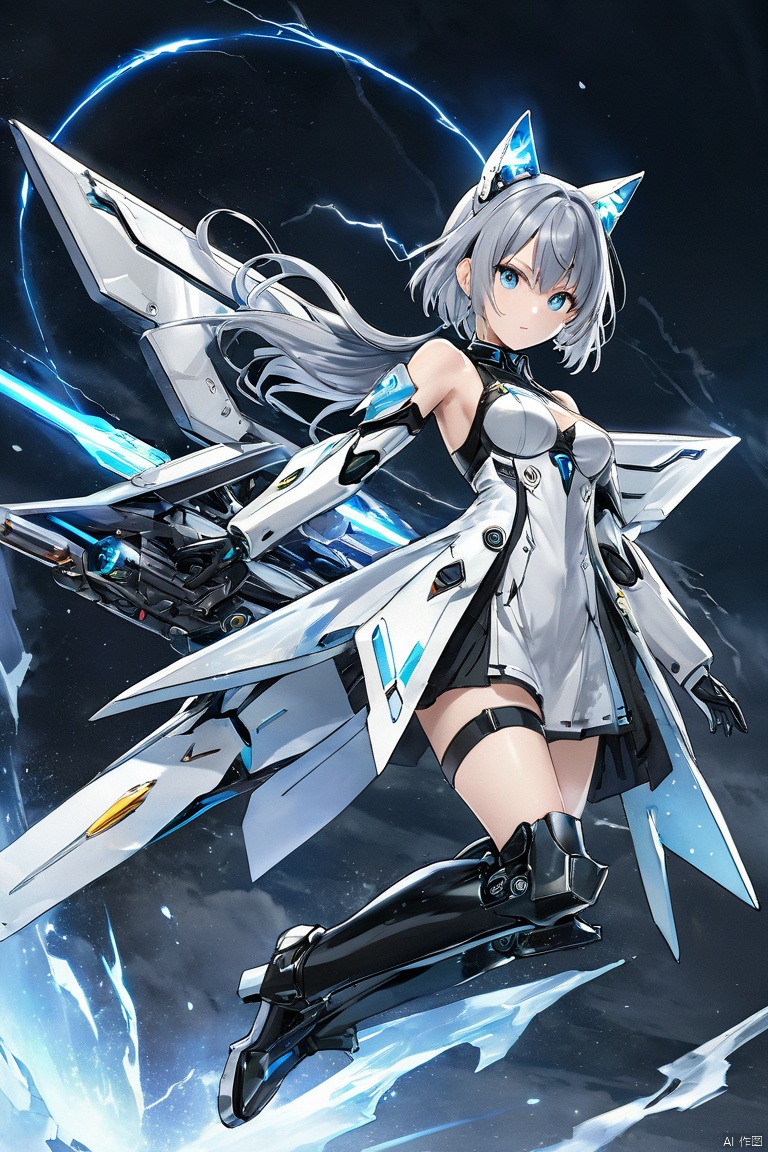  (masterpiece, top quality, best quality, official art, beautiful and aesthetic:1.2),anime character, female, mecha suit, futuristic, silver hair, twin tails, cat ears, blue eyes, mechanical wings, jet engines, glowing hoop weapon, sci-fi, full-body pose, white and black armor, knee-high boots, fingerless gloves, detailed illustration, high-resolution image, (silver_hair:1.1),fate \(series\),colorful,highest detailed,fire,ice,lightning,Wind, thunder, fire, mountains,(splash_art:1.2),scenery,