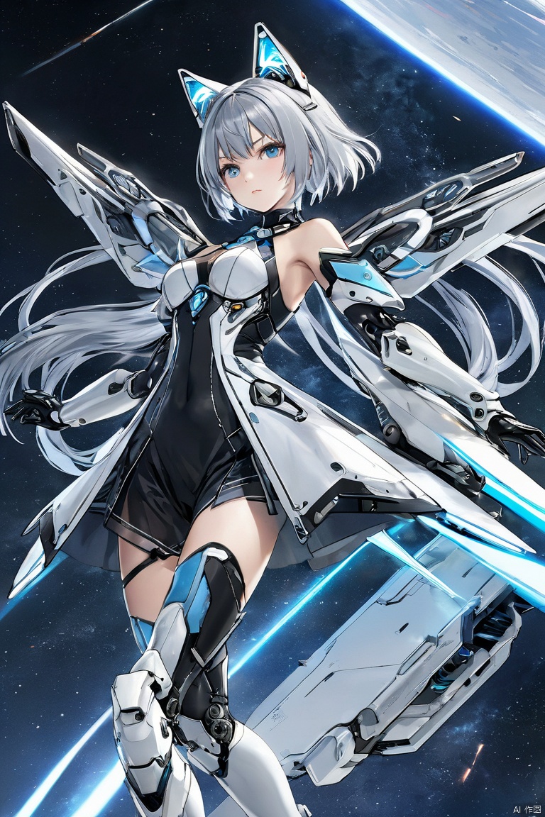  (masterpiece, top quality, best quality, official art, beautiful and aesthetic:1.2),anime character, female, mecha suit, futuristic, silver hair, twin tails, cat ears, blue eyes, mechanical wings, jet engines, glowing hoop weapon, sci-fi, full-body pose, white and black armor, knee-high boots, fingerless gloves, detailed illustration, high-resolution image, 