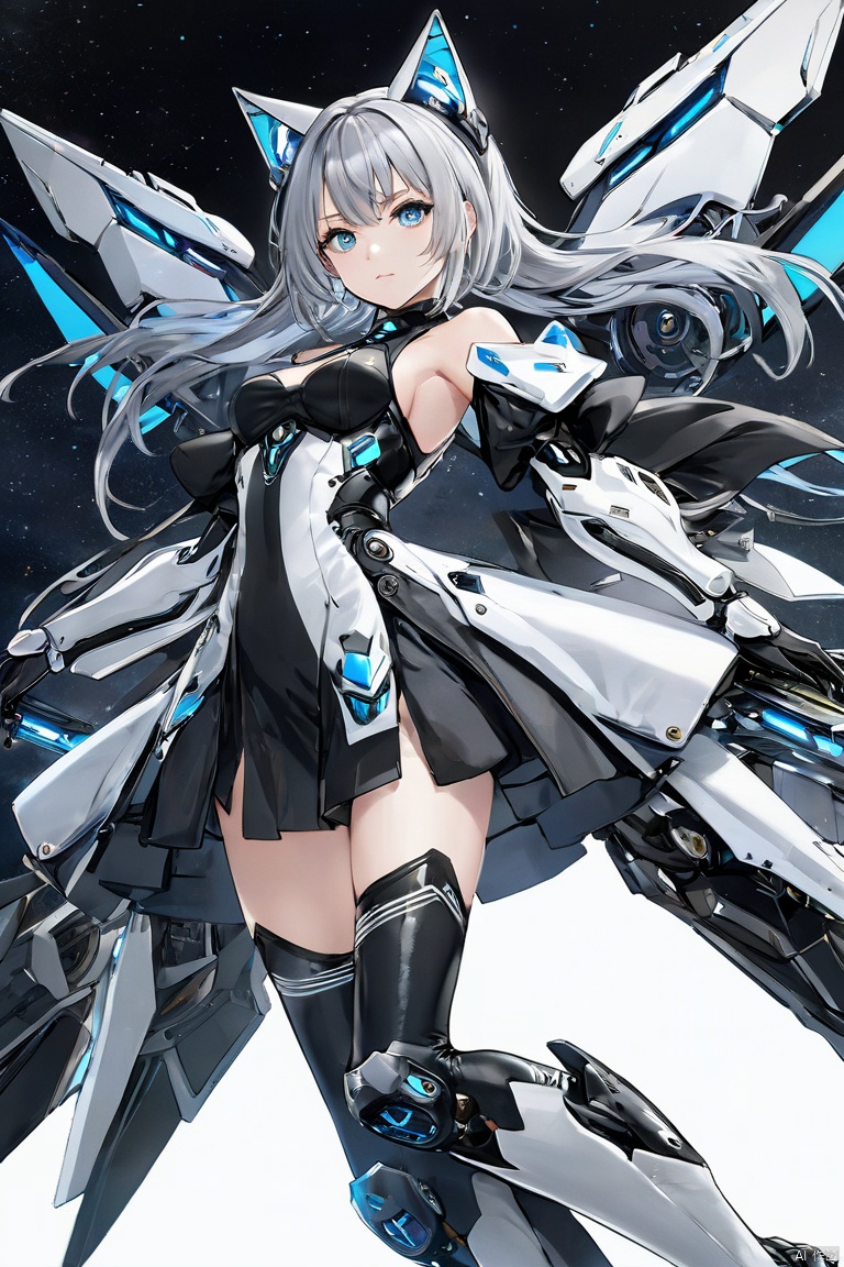  (masterpiece, top quality, best quality, official art, beautiful and aesthetic:1.2),anime character, female, mecha suit, futuristic, silver hair, twin tails, cat ears, blue eyes, mechanical wings, jet engines, glowing hoop weapon, sci-fi, full-body pose, white and black armor, knee-high boots, fingerless gloves, detailed illustration, high-resolution image, 