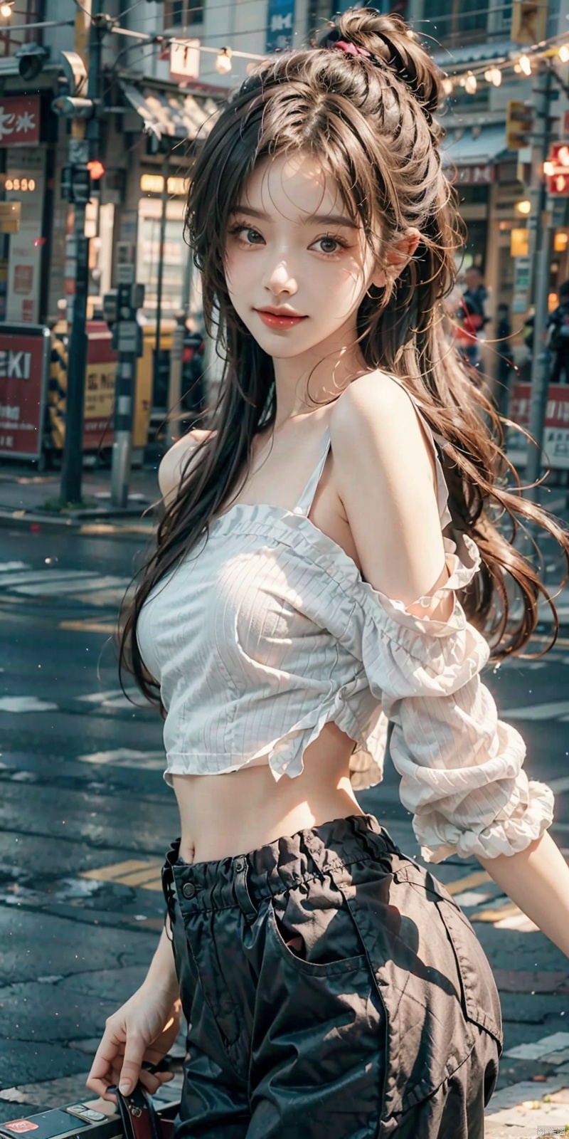  (Good structure), (high definition: 1.0), (HD: 1.0), , (ultra resolution: 1.0), (4K: 1.0), (photorealistic: 1.0), (realistic: 1.0), , (professional photography: 1.0), (DSLR quality: 1.1), , (detailed: 1.0), (sharp focus: 1.0), , (masterpiece: 1.2), (epic shot: 1.2),
 , , , solo, 1girl, perfect boody, Wind, flowing hair, kind smile, , pose for picture, Dynamic pose, looking_at_viewer,
 1girl, (looking at viewer), (bokeh:1.1), ,light smile, realistic, off shoulder,
pants, skyline,
best quality, (photorealistic:1.4), ultra highres, AImote