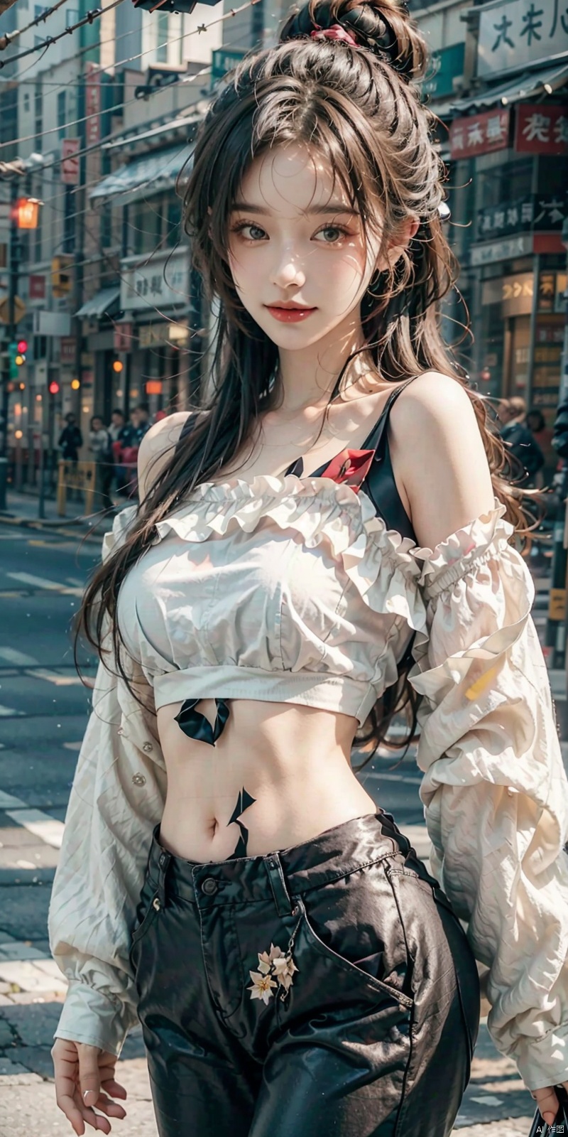  (Good structure), (high definition: 1.0), (HD: 1.0), , (ultra resolution: 1.0), (4K: 1.0), (photorealistic: 1.0), (realistic: 1.0), , (professional photography: 1.0), (DSLR quality: 1.1), , (detailed: 1.0), (sharp focus: 1.0), , (masterpiece: 1.2), (epic shot: 1.2),
 , , , solo, 1girl, perfect boody, Wind, flowing hair, kind smile, , pose for picture, Dynamic pose, looking_at_viewer,
 1girl, (looking at viewer), (bokeh:1.1), ,light smile, realistic, off shoulder,
pants, skyline,
best quality, (photorealistic:1.4), ultra highres, AImote