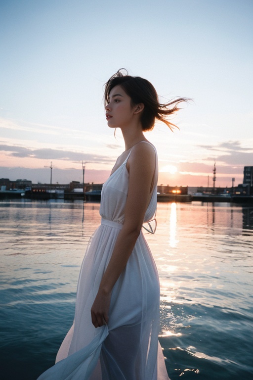 Dressed in white,  fancy style,  Sunset on Tensor.Art