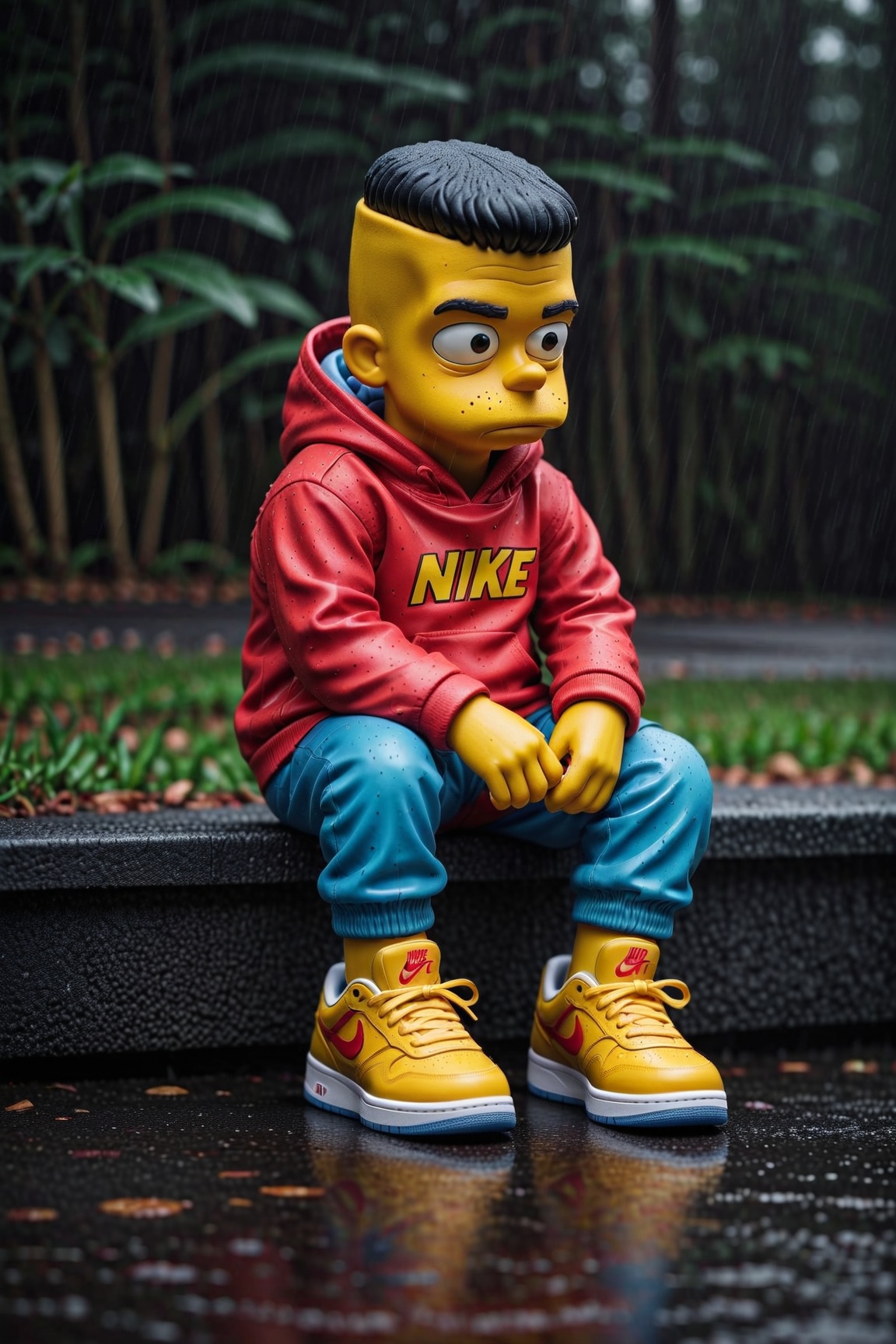 Bart Simpson wearing Air Jordan 4s wearing a Nike hoodie sitting alone sad in the rain on a cold day by MAGIC OF AI on Ten...