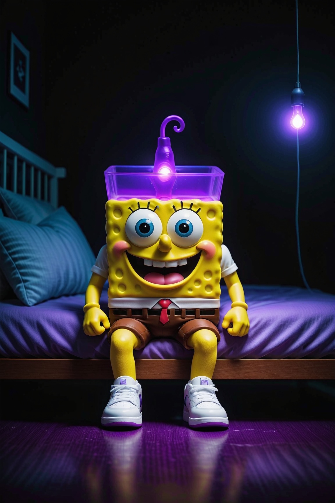 spongebob sitting in his bed in a dark room lighted up by purple led lights holding a white cup with purple glowing juice...