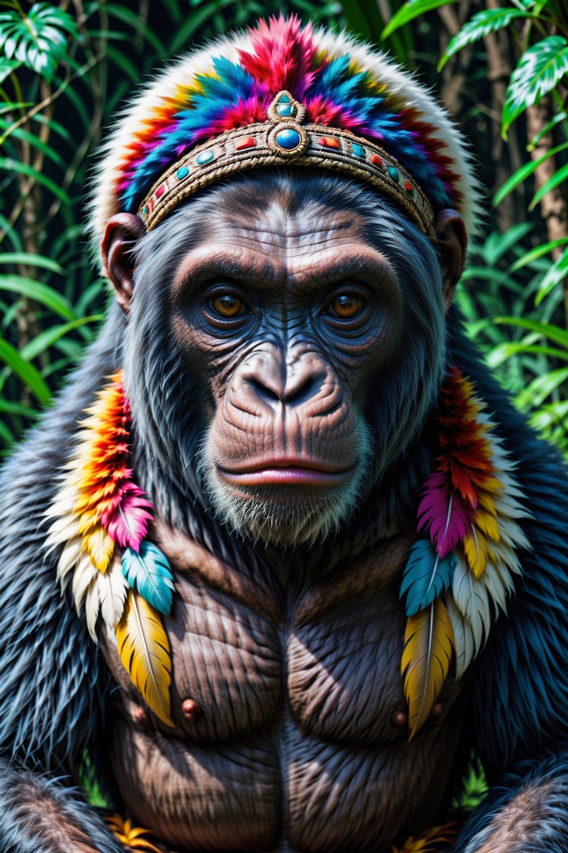 Chimpanzee with indigenous headdress on head,  ((meditating)) colorful feathers,  facing the camera on Tensor.Art