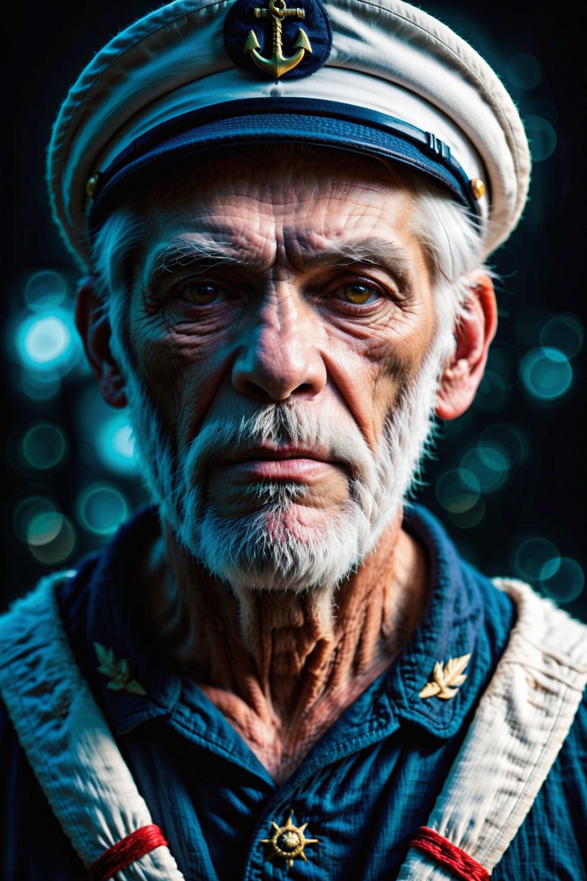 Award-winning portrait photo of a man,  of an old story-telling sailor wearing a captain's cap,  Augen in die Kamera geric...